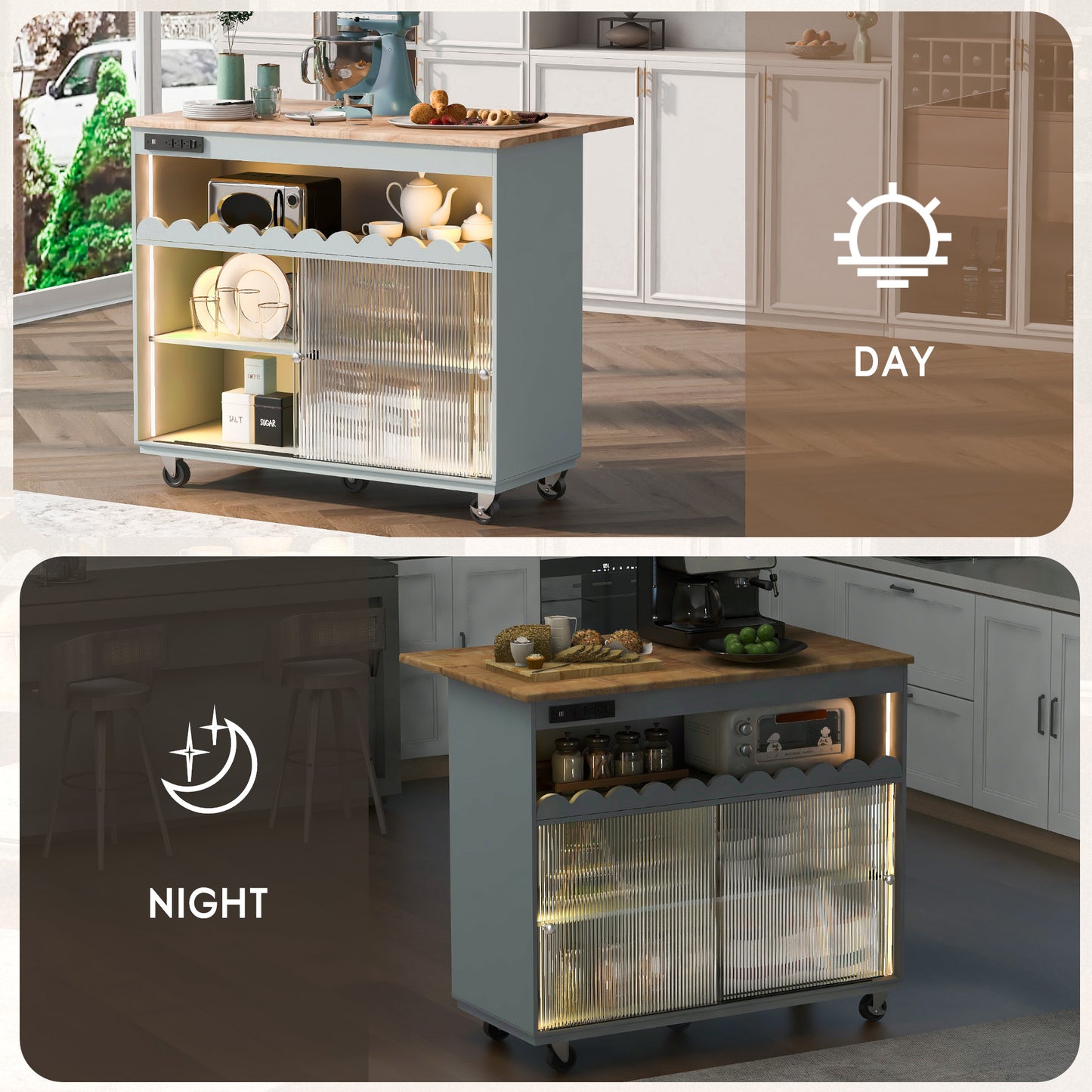 Melysen Kitchen Island with Drop Leaf, LED Light Kitchen Cart on Wheels with Power Outlets, 2 Sliding Fluted Glass Doors, Large Kitchen Island Cart with 2 Cabinet and 1 open Shelf (Grey Blue)