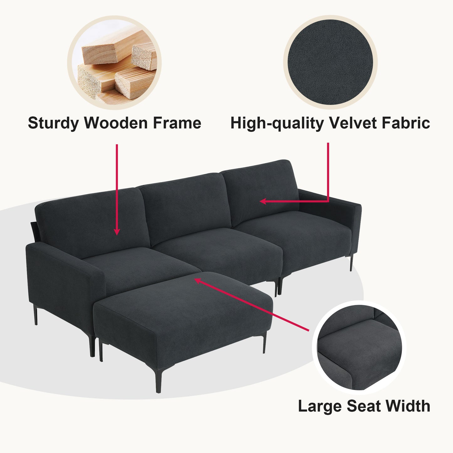 Melysen 103.5*59" Modern L-shaped Sectional Sofa, 4-seat Velvet Fabric Couch Set with Convertible Ottoman,Freely Combinable Sofa for Living Room, Apartment, Office,Apartment,2 Colors