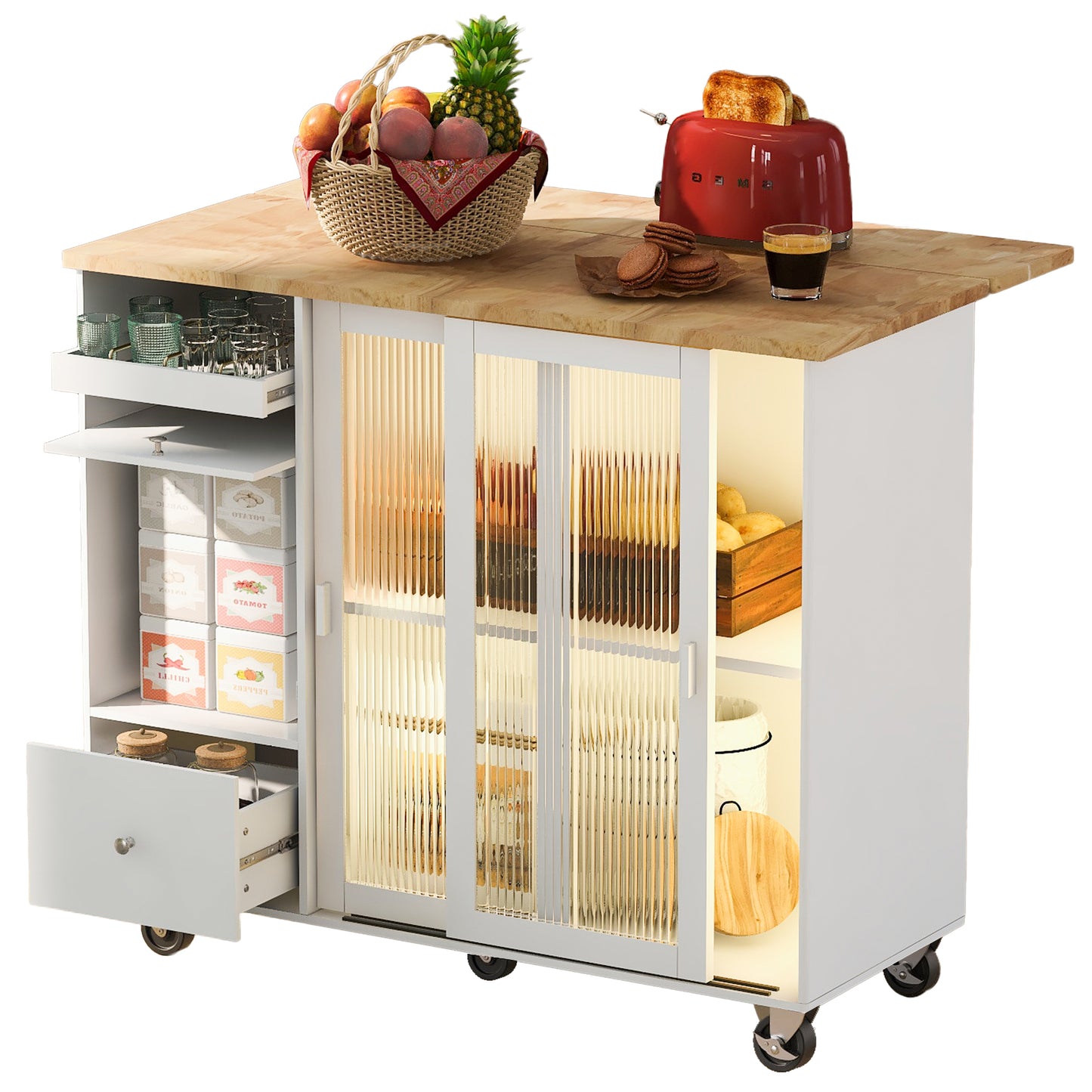 Melysen Kitchen Island with Drop Leaf, LED Light Kitchen Cart on Wheels with 2 Fluted Glass Doors and 1 Flip Cabinet Door, Large Kitchen Island Cart with an Adjustable Shelf and 2 Drawers (White)