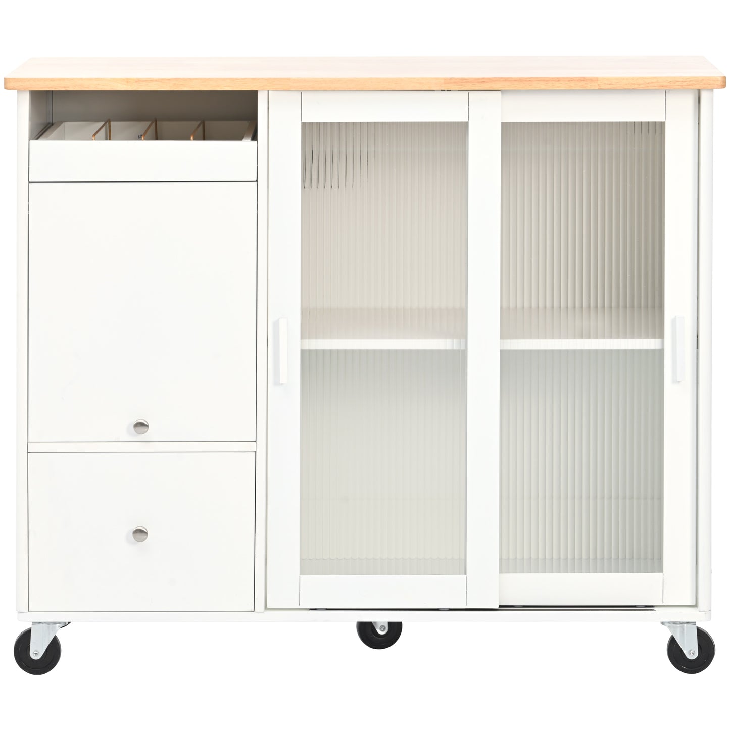 Melysen Kitchen Island with Drop Leaf, LED Light Kitchen Cart on Wheels with 2 Fluted Glass Doors and 1 Flip Cabinet Door, Large Kitchen Island Cart with an Adjustable Shelf and 2 Drawers (White)