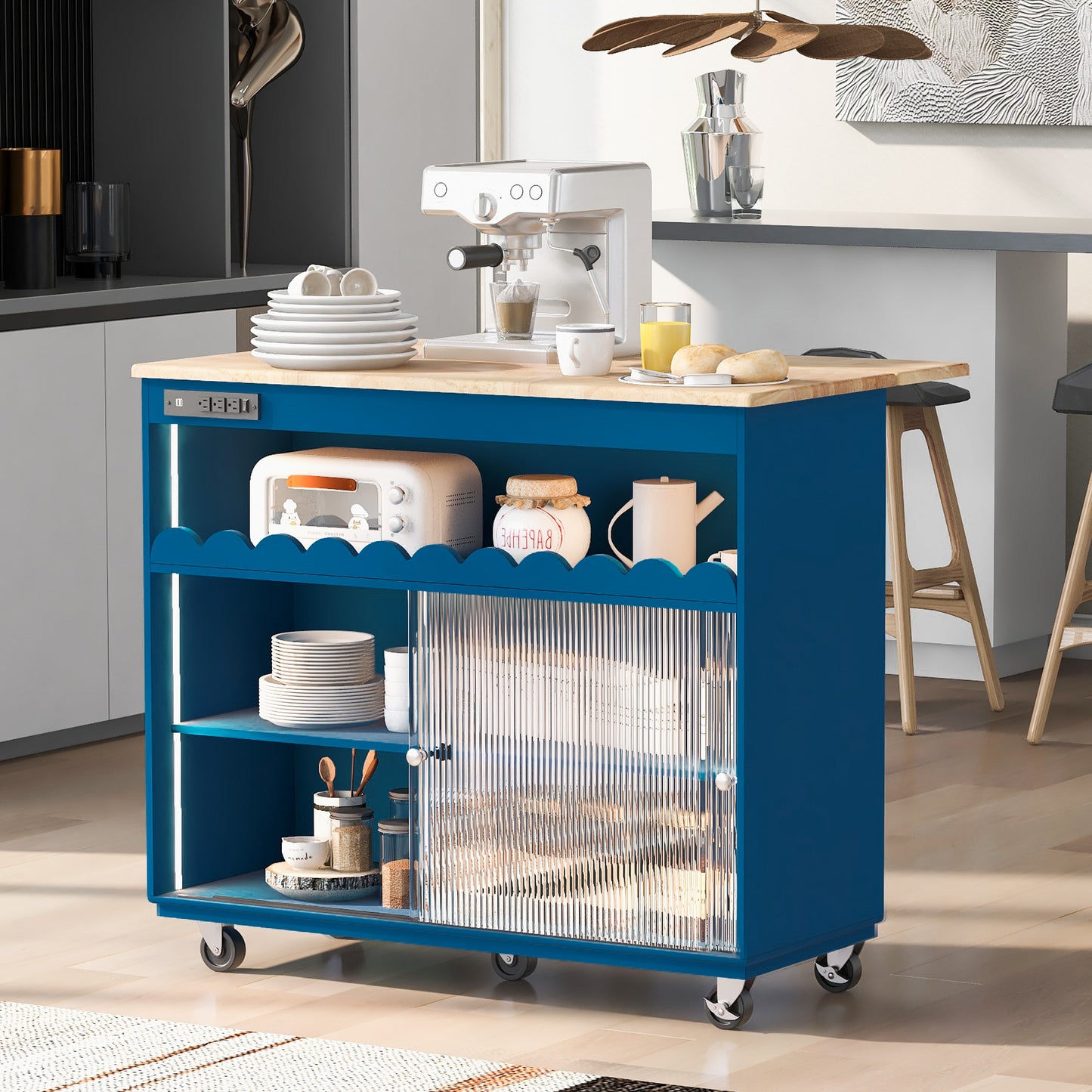 Melysen Kitchen Island with Drop Leaf, LED Light Kitchen Cart on Wheels with Power Outlets, 2 Sliding Fluted Glass Doors, Large Kitchen Island Cart with 2 Cabinet and 1 open Shelf (Navy Blue)