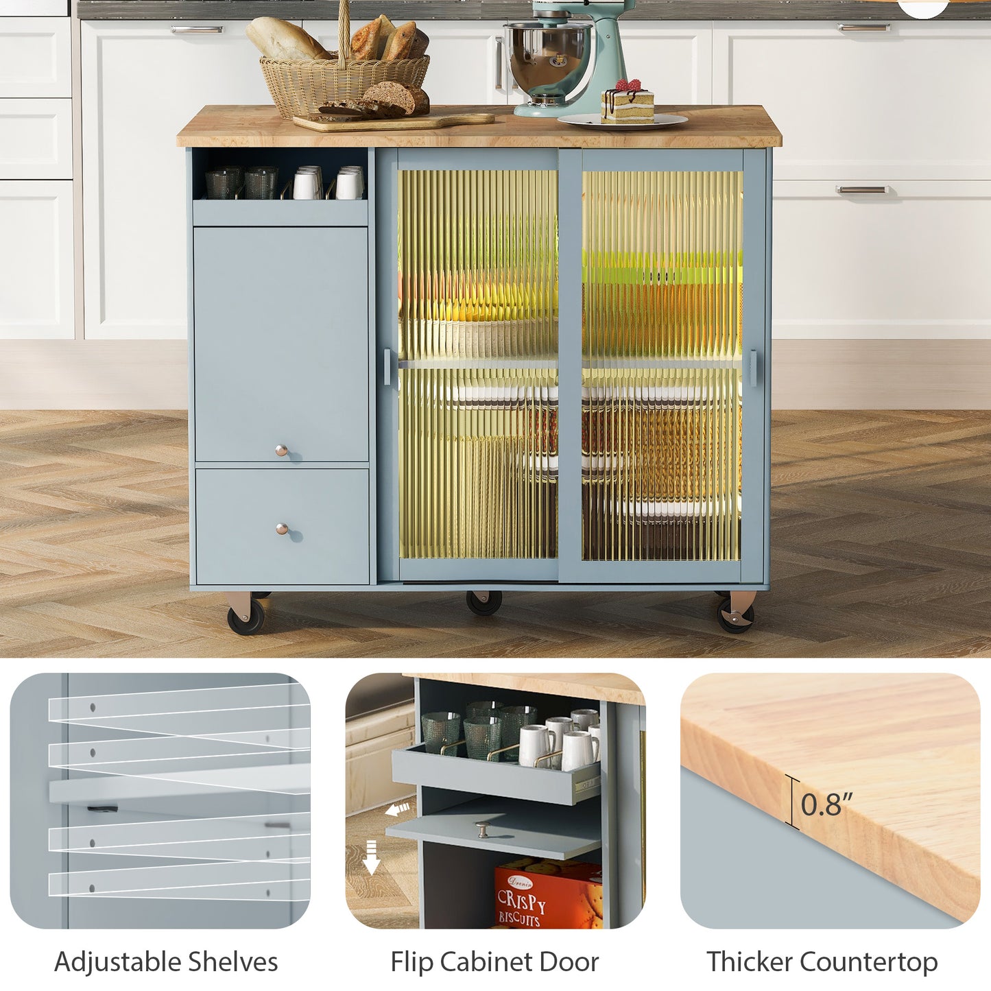 Melysen Kitchen Island with Drop Leaf, LED Light Kitchen Cart on Wheels with 2 Fluted Glass Doors and 1 Flip Cabinet Door, Large Kitchen Island Cart with an Adjustable Shelf and 2 Drawers (Grey Blue)