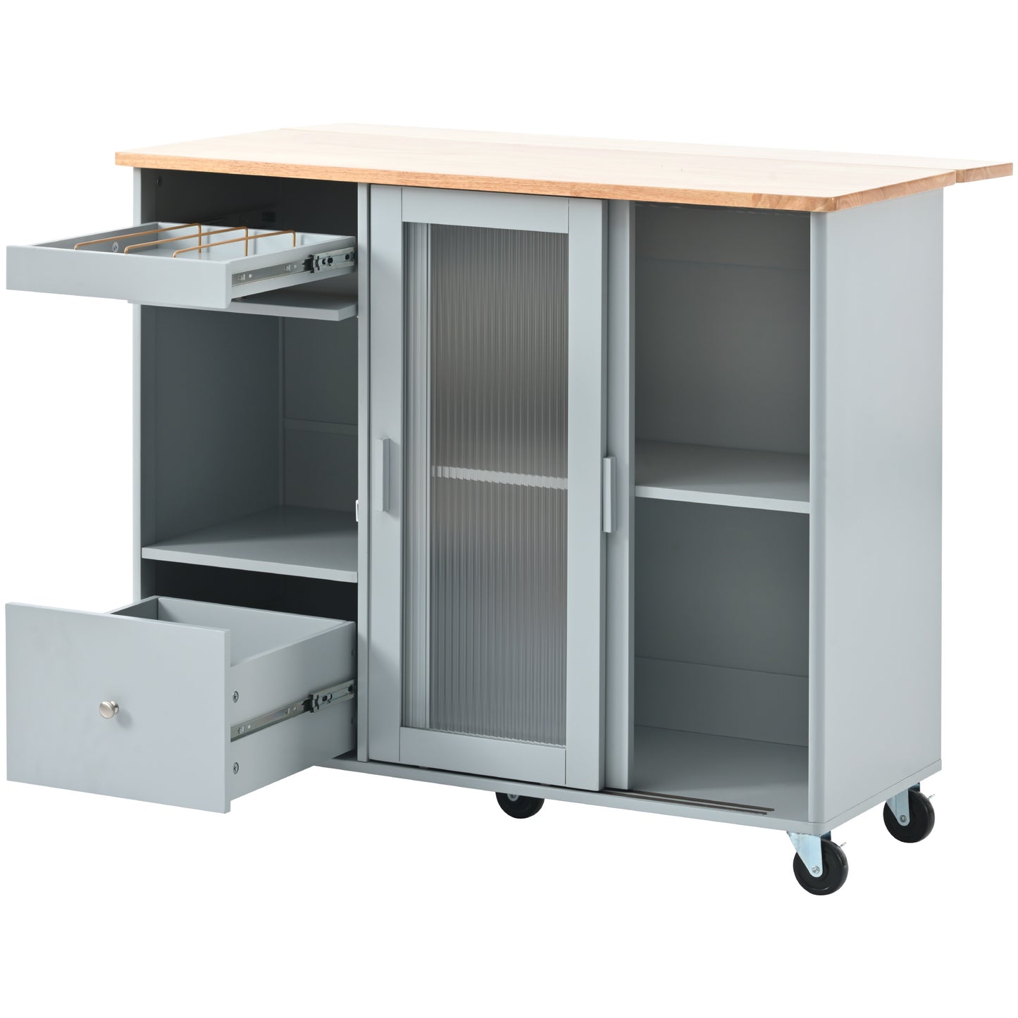 Melysen Kitchen Island with Drop Leaf, LED Light Kitchen Cart on Wheels with 2 Fluted Glass Doors and 1 Flip Cabinet Door, Large Kitchen Island Cart with an Adjustable Shelf and 2 Drawers (Grey Blue)