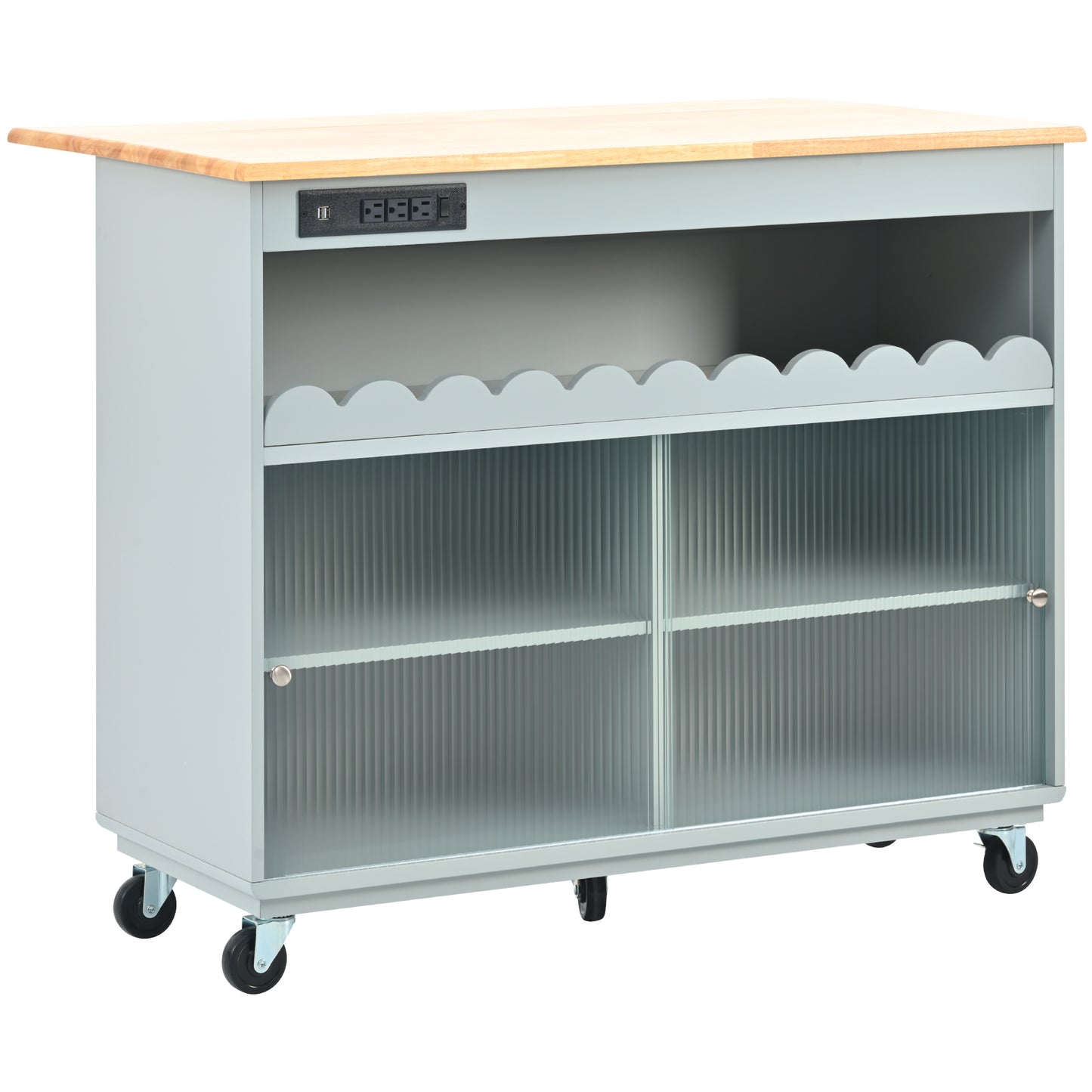 Melysen Kitchen Island with Drop Leaf, LED Light Kitchen Cart on Wheels with Power Outlets, 2 Sliding Fluted Glass Doors, Large Kitchen Island Cart with 2 Cabinet and 1 open Shelf (Grey Blue)