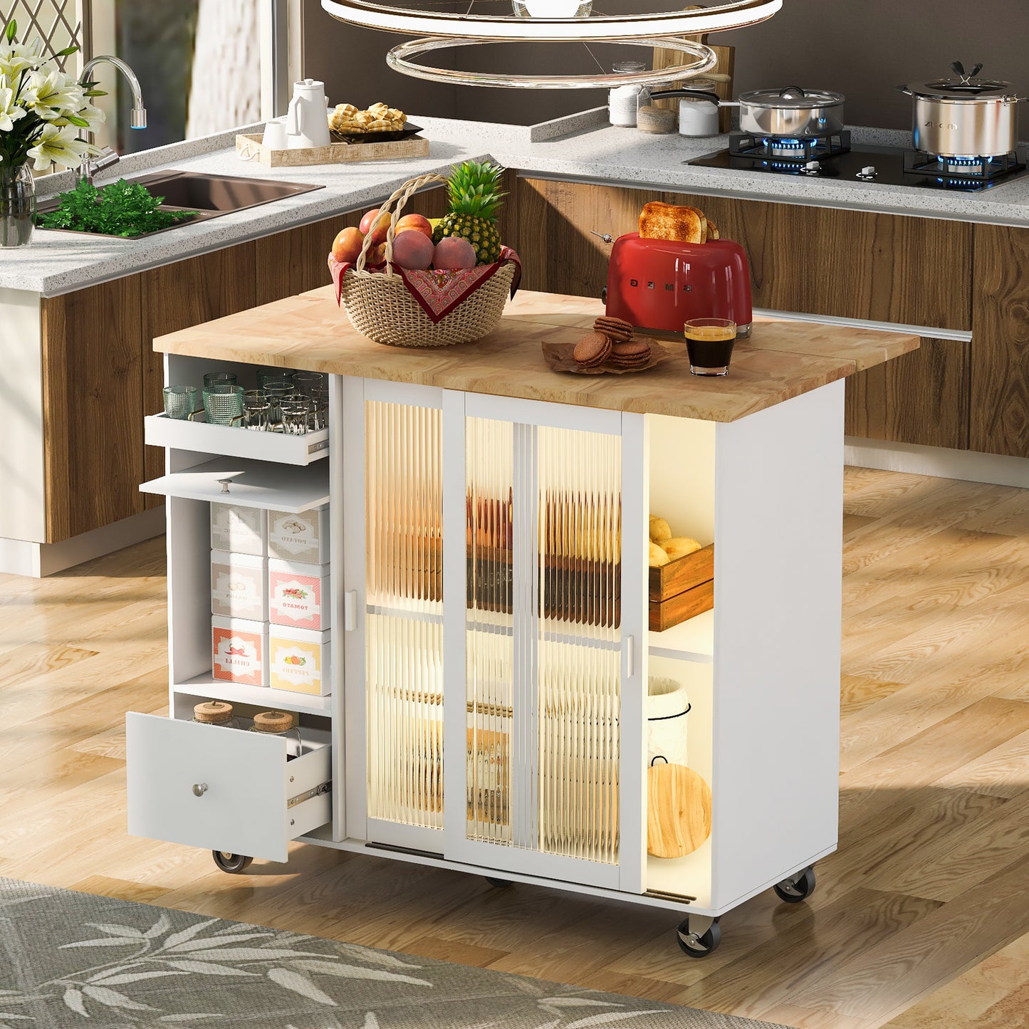 Melysen Kitchen Island with Drop Leaf, LED Light Kitchen Cart on Wheels with 2 Fluted Glass Doors and 1 Flip Cabinet Door, Large Kitchen Island Cart with an Adjustable Shelf and 2 Drawers (White)