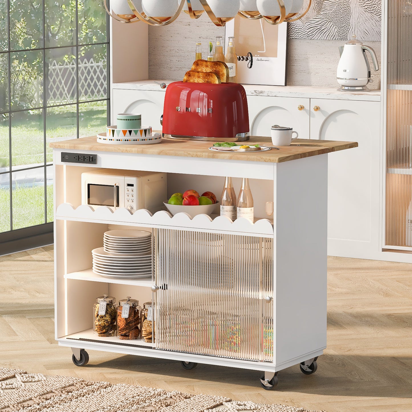 Melysen Kitchen Island with Drop Leaf, LED Light Kitchen Cart on Wheels with Power Outlets, 2 Sliding Fluted Glass Doors, Large Kitchen Island Cart with 2 Cabinet and 1 open Shelf (White)