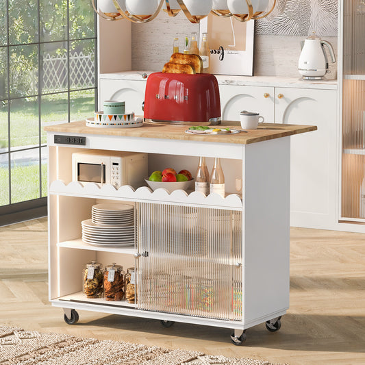 Melysen Kitchen Island with Drop Leaf, LED Light Kitchen Cart on Wheels with Power Outlets, 2 Sliding Fluted Glass Doors, Large Kitchen Island Cart with 2 Cabinet and 1 open Shelf (White)