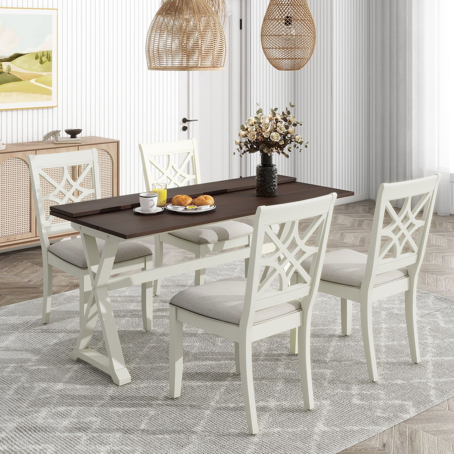 Melysen 5-Piece 62*35.2inch Extendable Rubber Wood Dining Table Set with X-shape Legs,Console Table with Two 8.8Inch-Wide Flip Lids and Upholstered Dining Chairs