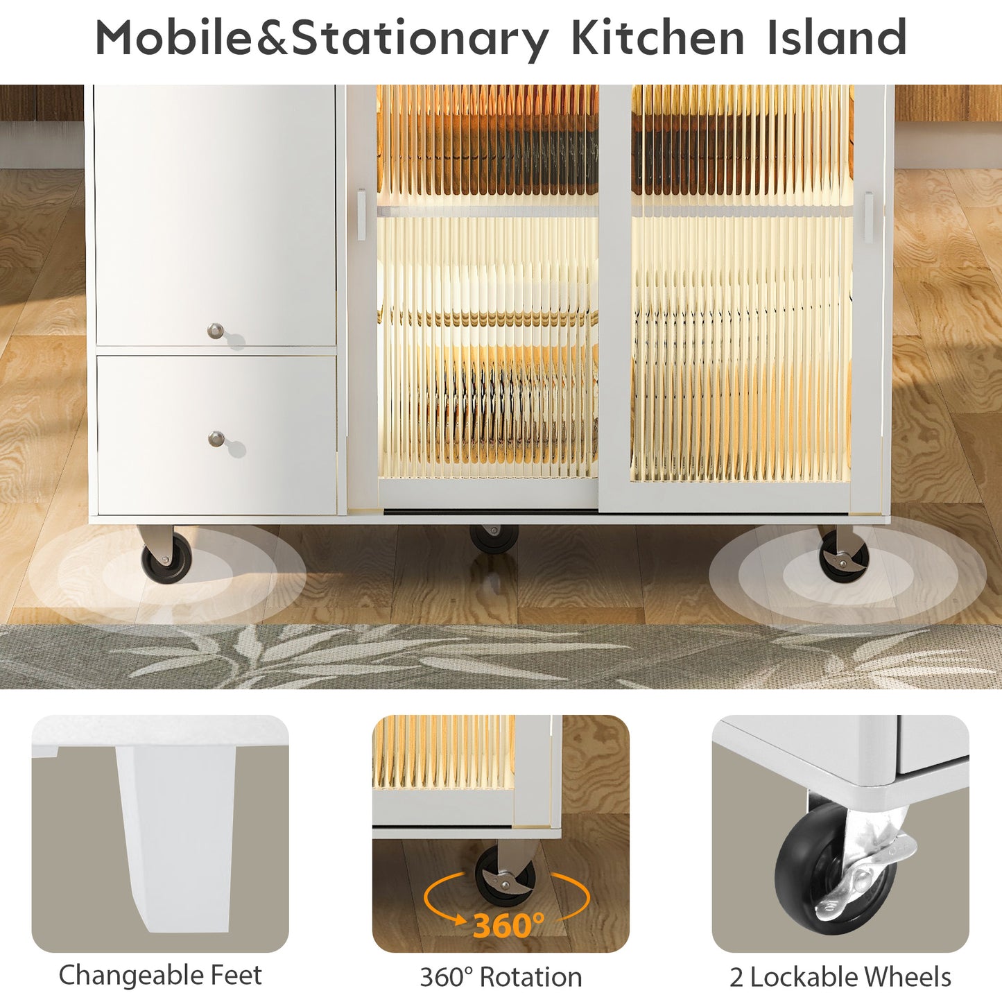 Melysen Kitchen Island with Drop Leaf, LED Light Kitchen Cart on Wheels with 2 Fluted Glass Doors and 1 Flip Cabinet Door, Large Kitchen Island Cart with an Adjustable Shelf and 2 Drawers (White)