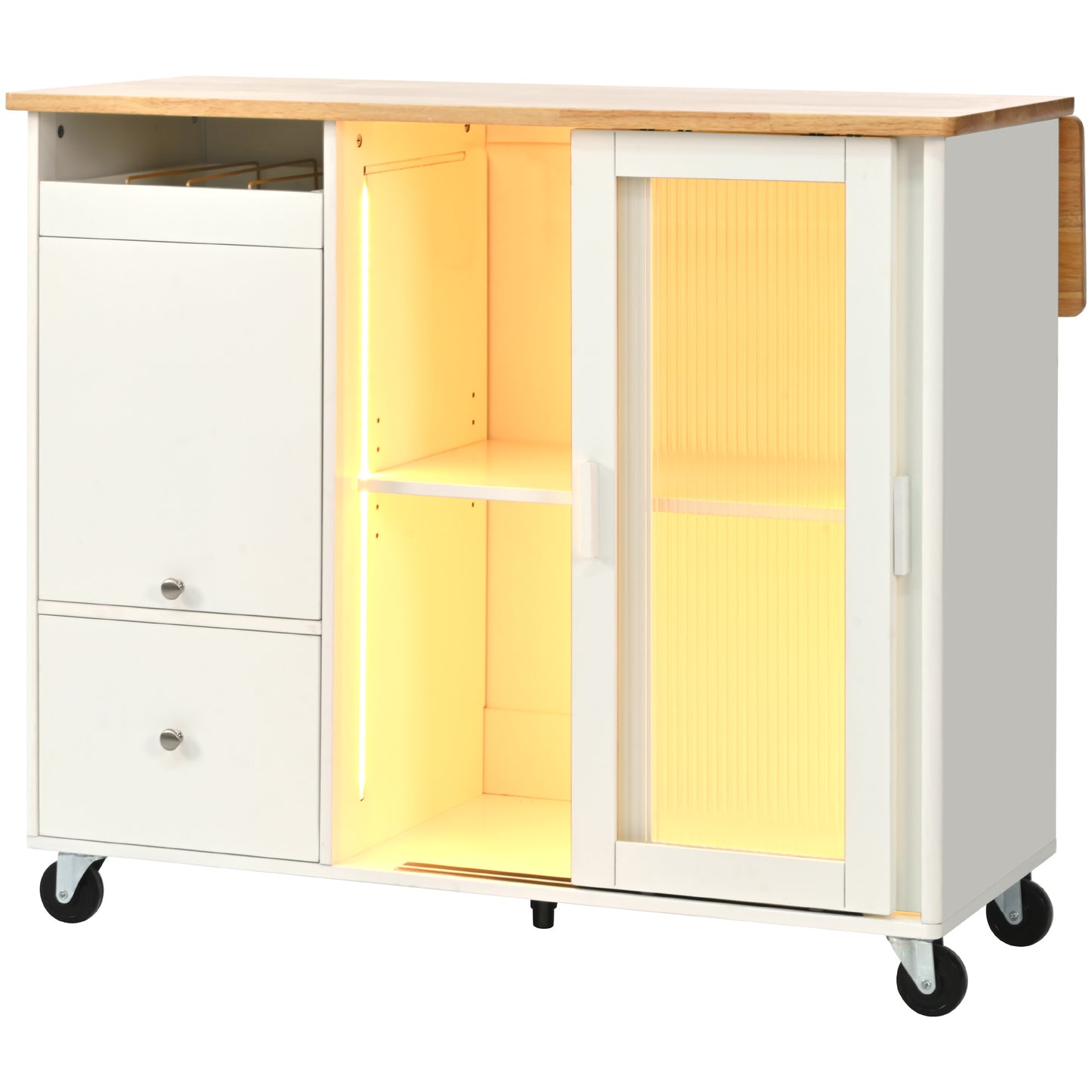 Melysen Kitchen Island with Drop Leaf, LED Light Kitchen Cart on Wheels with 2 Fluted Glass Doors and 1 Flip Cabinet Door, Large Kitchen Island Cart with an Adjustable Shelf and 2 Drawers (White)