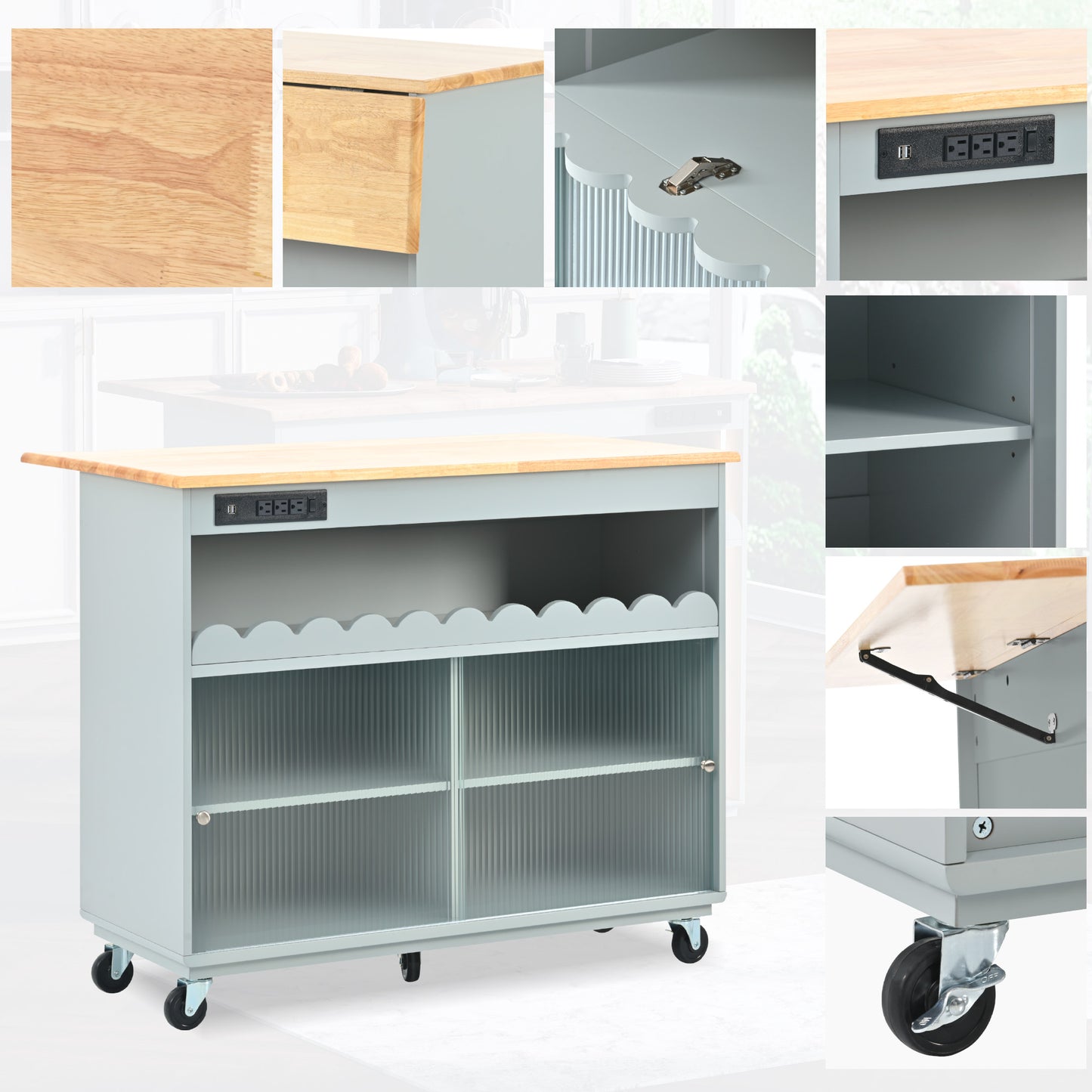 Melysen Kitchen Island with Drop Leaf, LED Light Kitchen Cart on Wheels with Power Outlets, 2 Sliding Fluted Glass Doors, Large Kitchen Island Cart with 2 Cabinet and 1 open Shelf (Grey Blue)