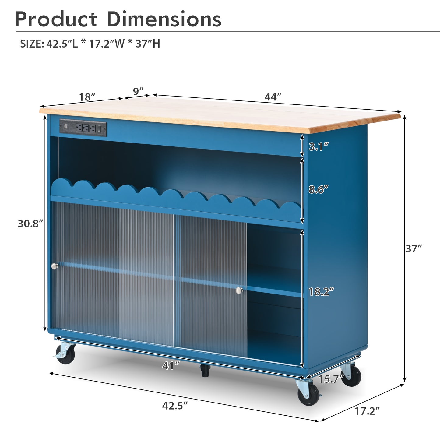 Melysen Kitchen Island with Drop Leaf, LED Light Kitchen Cart on Wheels with Power Outlets, 2 Sliding Fluted Glass Doors, Large Kitchen Island Cart with 2 Cabinet and 1 open Shelf (Navy Blue)