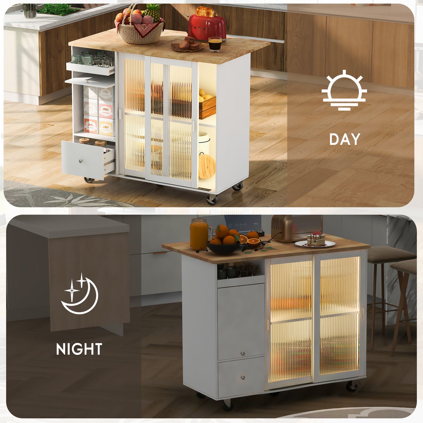 Melysen Kitchen Island with Drop Leaf, LED Light Kitchen Cart on Wheels with 2 Fluted Glass Doors and 1 Flip Cabinet Door, Large Kitchen Island Cart with an Adjustable Shelf and 2 Drawers (White)