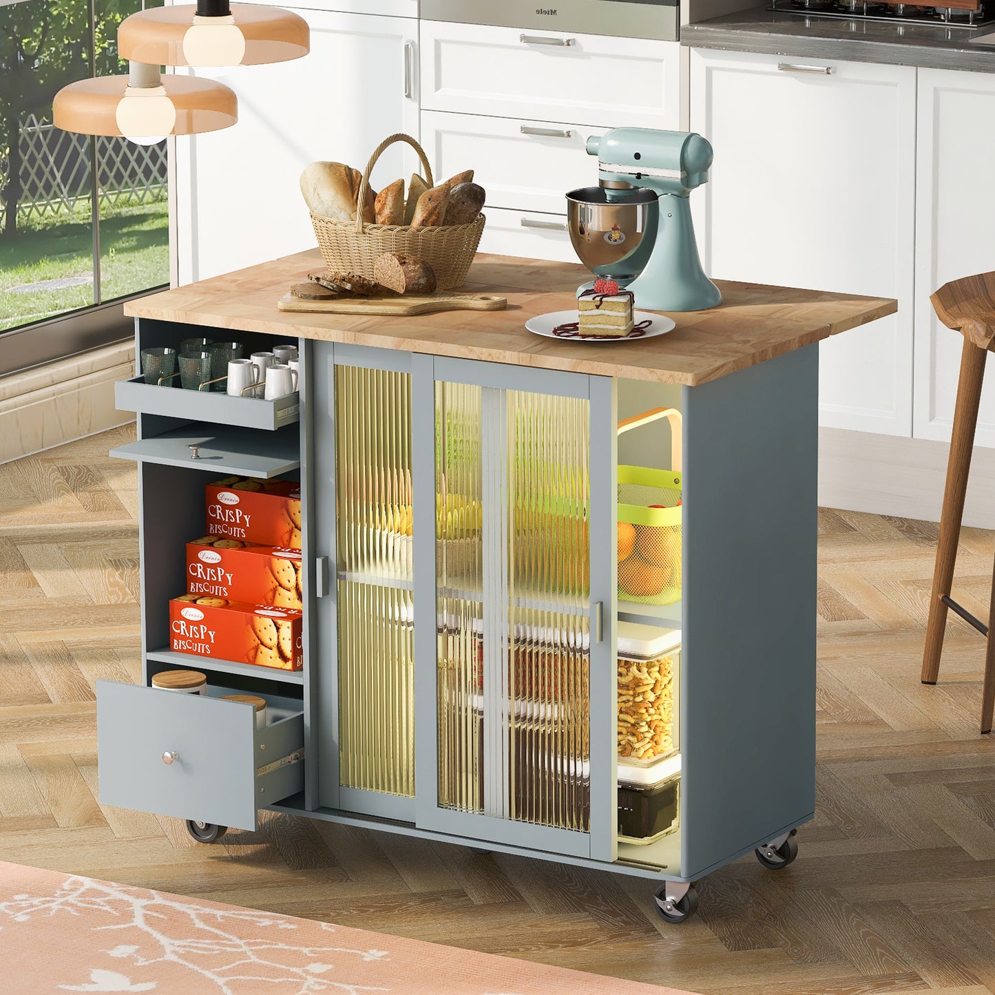 Melysen Kitchen Island with Drop Leaf, LED Light Kitchen Cart on Wheels with 2 Fluted Glass Doors and 1 Flip Cabinet Door, Large Kitchen Island Cart with an Adjustable Shelf and 2 Drawers (Grey Blue)