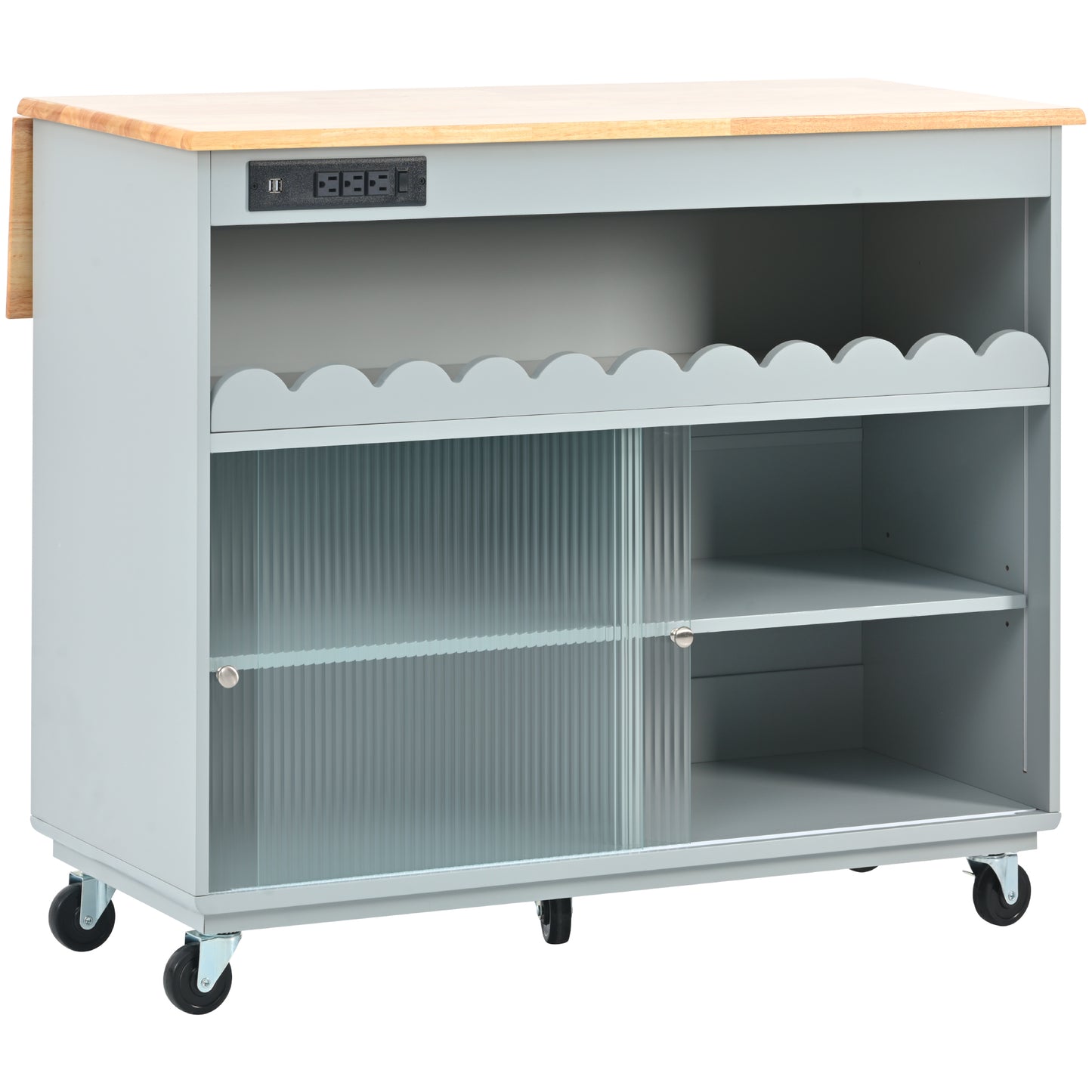 Melysen Kitchen Island with Drop Leaf, LED Light Kitchen Cart on Wheels with Power Outlets, 2 Sliding Fluted Glass Doors, Large Kitchen Island Cart with 2 Cabinet and 1 open Shelf (Grey Blue)