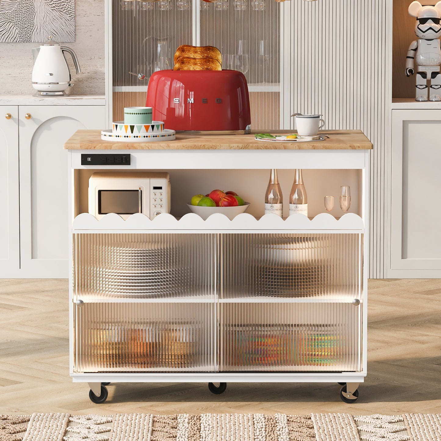 Melysen Kitchen Island with Drop Leaf, LED Light Kitchen Cart on Wheels with Power Outlets, 2 Sliding Fluted Glass Doors, Large Kitchen Island Cart with 2 Cabinet and 1 open Shelf (White)