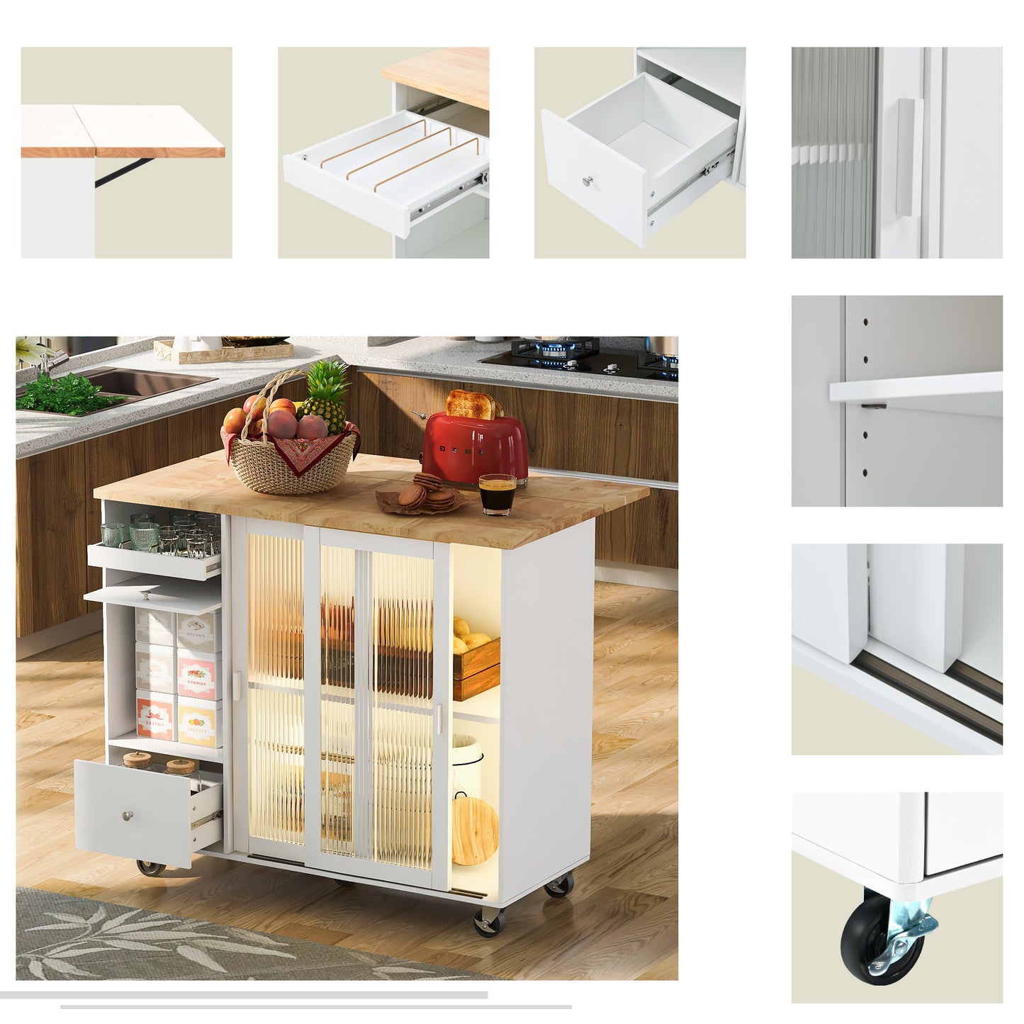 Melysen Kitchen Island with Drop Leaf, LED Light Kitchen Cart on Wheels with 2 Fluted Glass Doors and 1 Flip Cabinet Door, Large Kitchen Island Cart with an Adjustable Shelf and 2 Drawers (White)