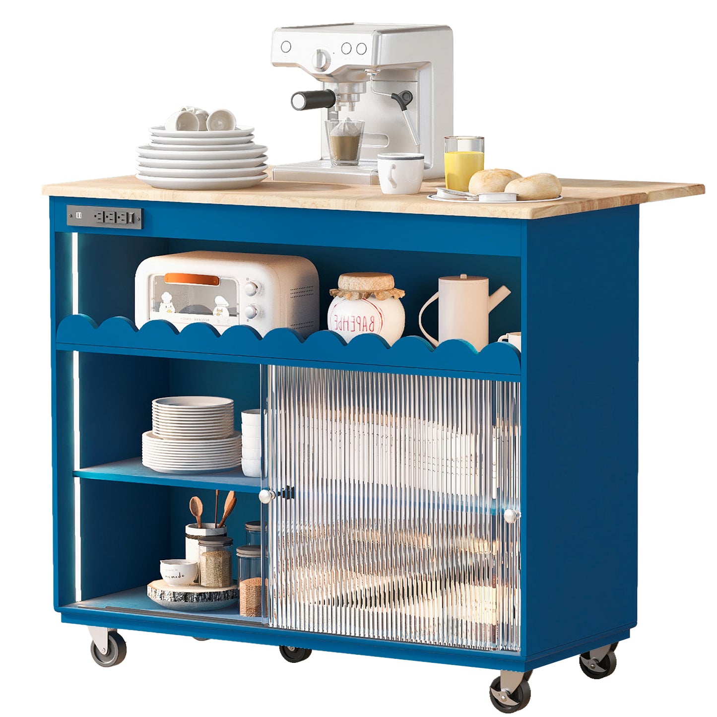 Melysen Kitchen Island with Drop Leaf, LED Light Kitchen Cart on Wheels with Power Outlets, 2 Sliding Fluted Glass Doors, Large Kitchen Island Cart with 2 Cabinet and 1 open Shelf (Navy Blue)