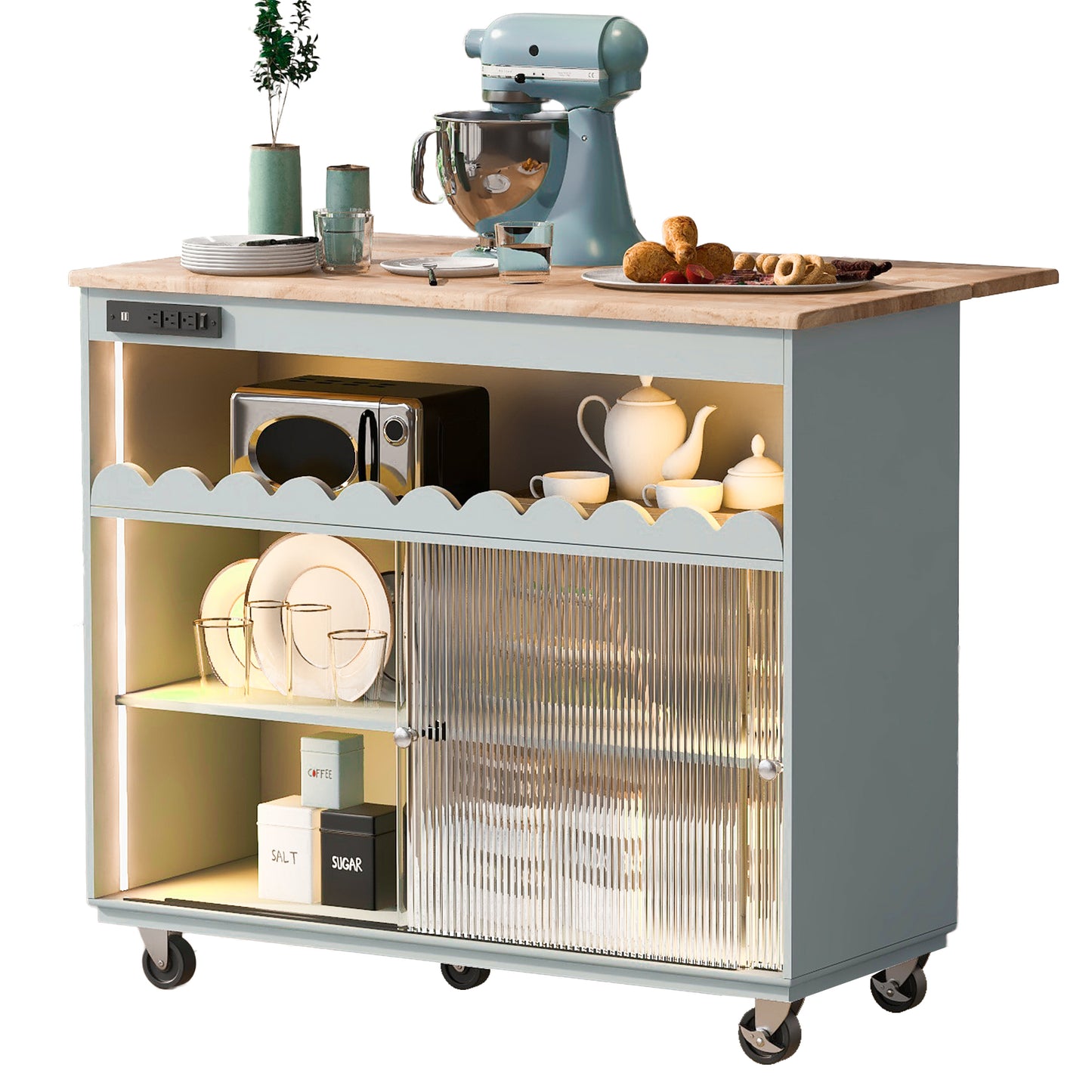 Melysen Kitchen Island with Drop Leaf, LED Light Kitchen Cart on Wheels with Power Outlets, 2 Sliding Fluted Glass Doors, Large Kitchen Island Cart with 2 Cabinet and 1 open Shelf (Grey Blue)