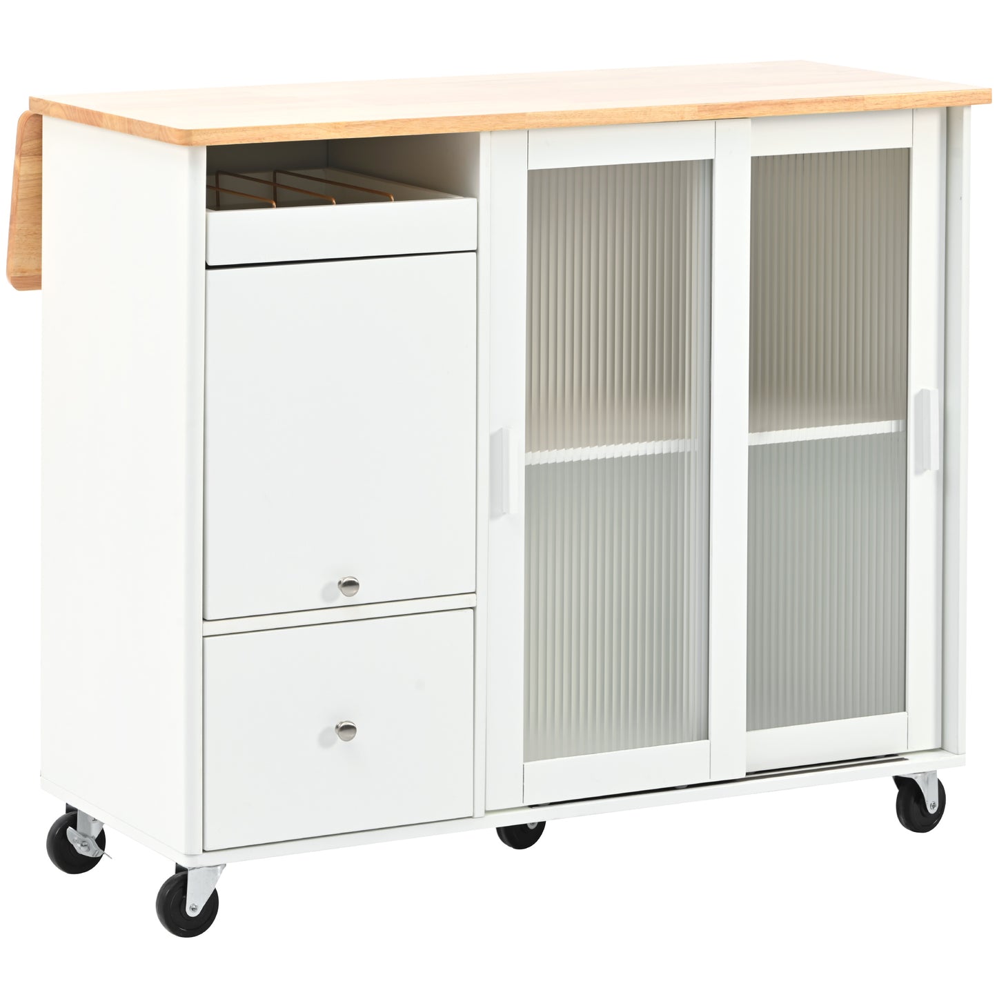 Melysen Kitchen Island with Drop Leaf, LED Light Kitchen Cart on Wheels with 2 Fluted Glass Doors and 1 Flip Cabinet Door, Large Kitchen Island Cart with an Adjustable Shelf and 2 Drawers (White)