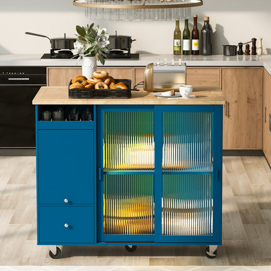 Melysen Kitchen Island with Drop Leaf, LED Light Kitchen Cart on Wheels with 2 Fluted Glass Doors and 1 Flip Cabinet Door, Large Kitchen Island Cart with an Adjustable Shelf and 2 Drawers (Navy Blue)