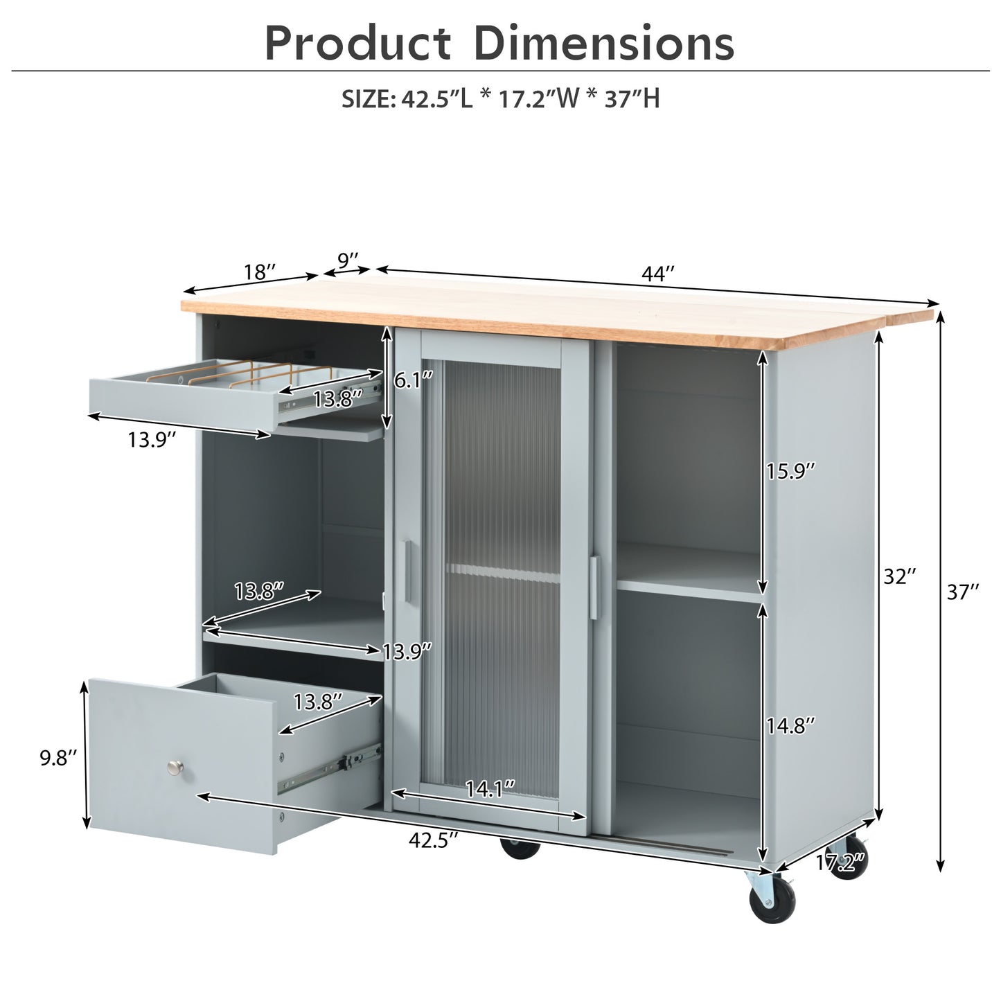 Melysen Kitchen Island with Drop Leaf, LED Light Kitchen Cart on Wheels with 2 Fluted Glass Doors and 1 Flip Cabinet Door, Large Kitchen Island Cart with an Adjustable Shelf and 2 Drawers (Grey Blue)