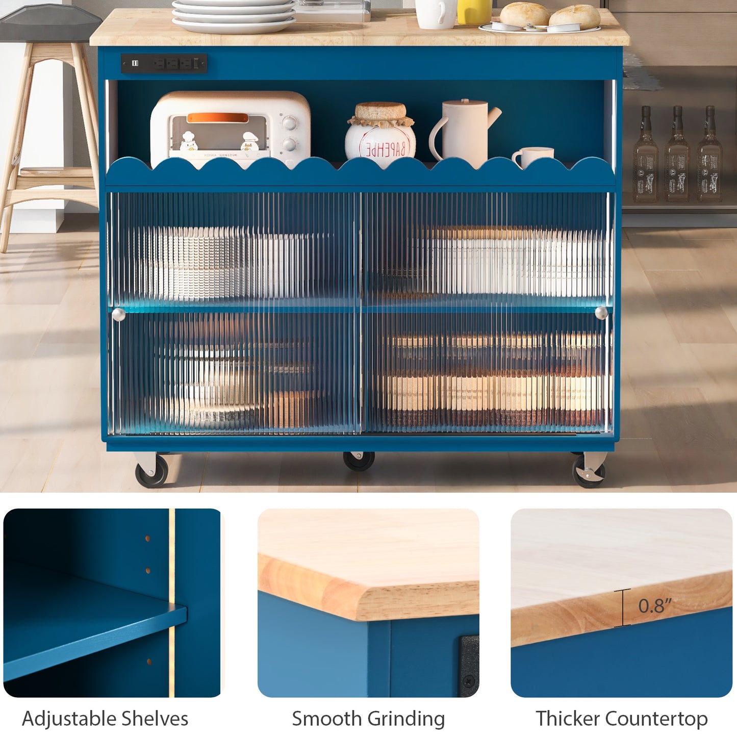 Melysen Kitchen Island with Drop Leaf, LED Light Kitchen Cart on Wheels with Power Outlets, 2 Sliding Fluted Glass Doors, Large Kitchen Island Cart with 2 Cabinet and 1 open Shelf (Navy Blue)