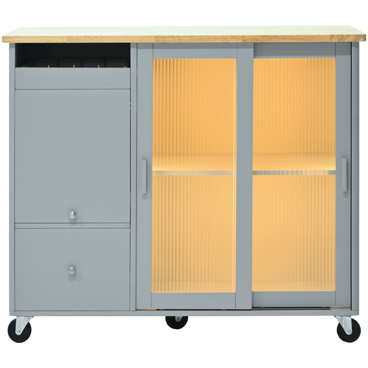 Melysen Kitchen Island with Drop Leaf, LED Light Kitchen Cart on Wheels with 2 Fluted Glass Doors and 1 Flip Cabinet Door, Large Kitchen Island Cart with an Adjustable Shelf and 2 Drawers (Grey Blue)