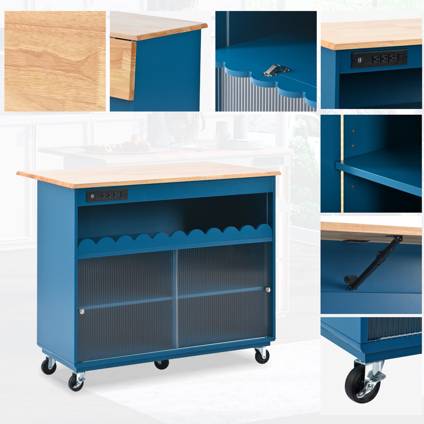 Melysen Kitchen Island with Drop Leaf, LED Light Kitchen Cart on Wheels with Power Outlets, 2 Sliding Fluted Glass Doors, Large Kitchen Island Cart with 2 Cabinet and 1 open Shelf (Navy Blue)