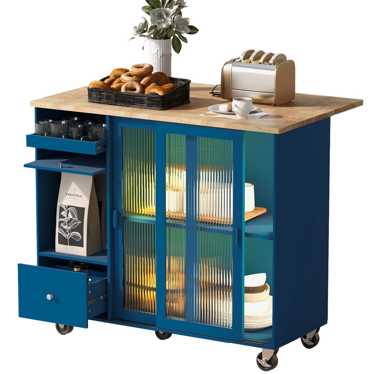 Melysen Kitchen Island with Drop Leaf, LED Light Kitchen Cart on Wheels with 2 Fluted Glass Doors and 1 Flip Cabinet Door, Large Kitchen Island Cart with an Adjustable Shelf and 2 Drawers (Navy Blue)