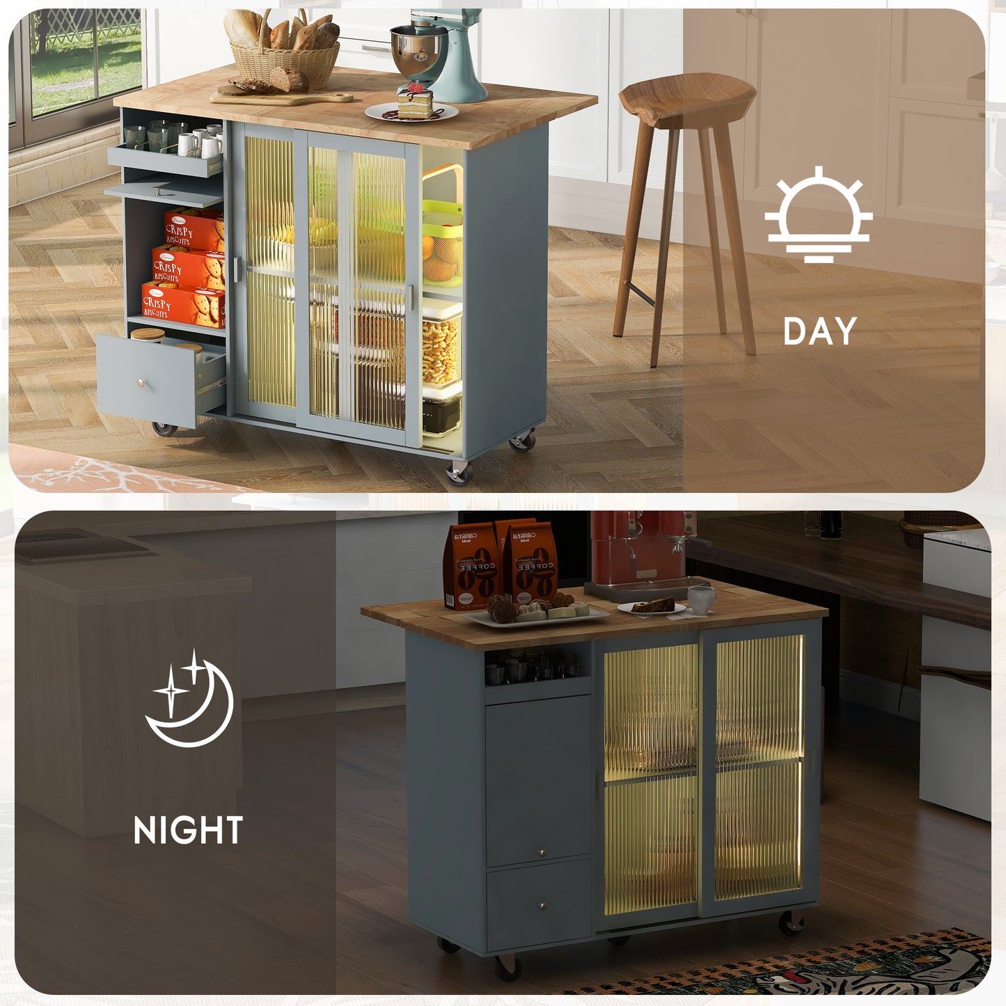 Melysen Kitchen Island with Drop Leaf, LED Light Kitchen Cart on Wheels with 2 Fluted Glass Doors and 1 Flip Cabinet Door, Large Kitchen Island Cart with an Adjustable Shelf and 2 Drawers (Grey Blue)