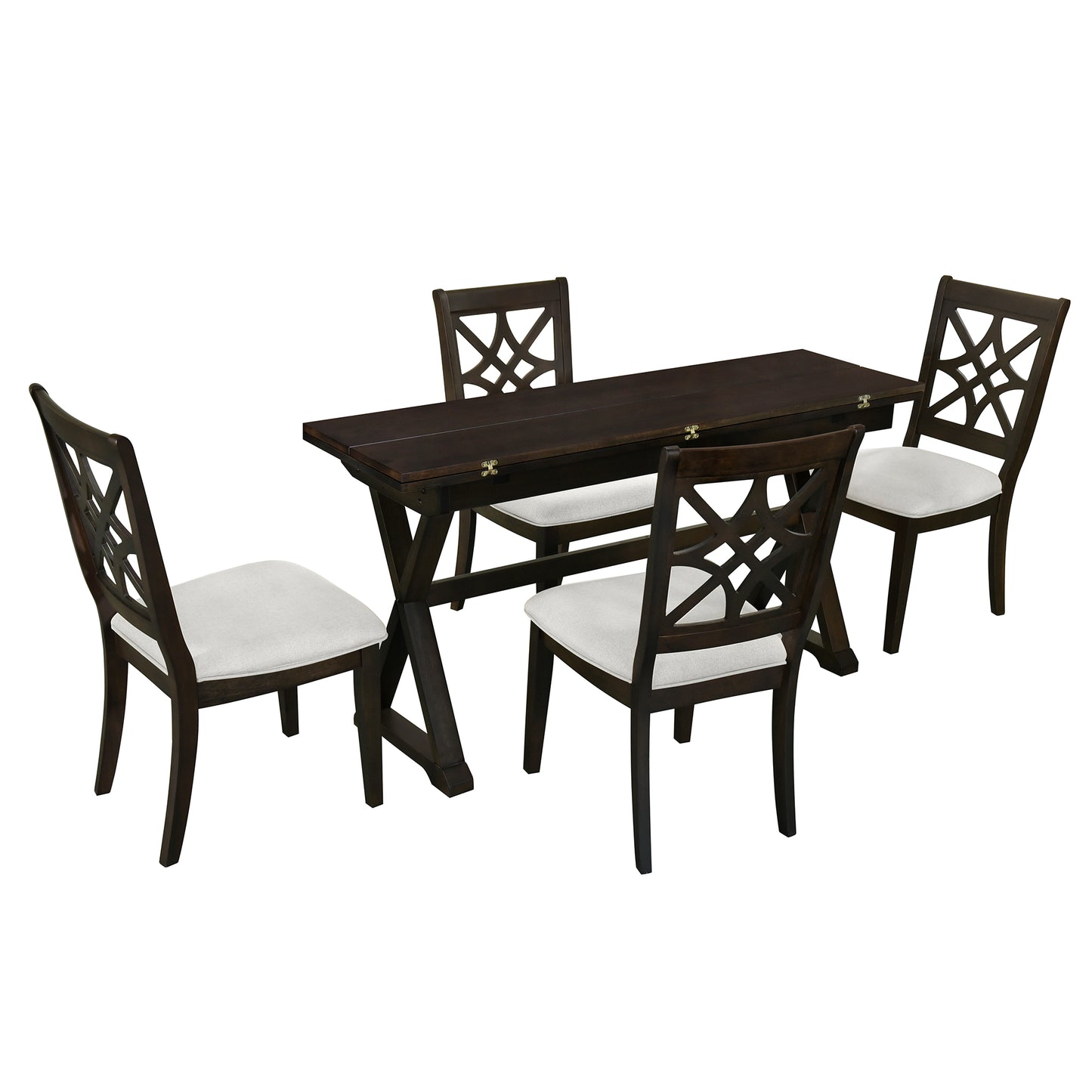 Melysen 5-Piece 62*35.2inch Extendable Rubber Wood Dining Table Set with X-shape Legs,Console Table with Two 8.8Inch-Wide Flip Lids and Upholstered Dining Chairs