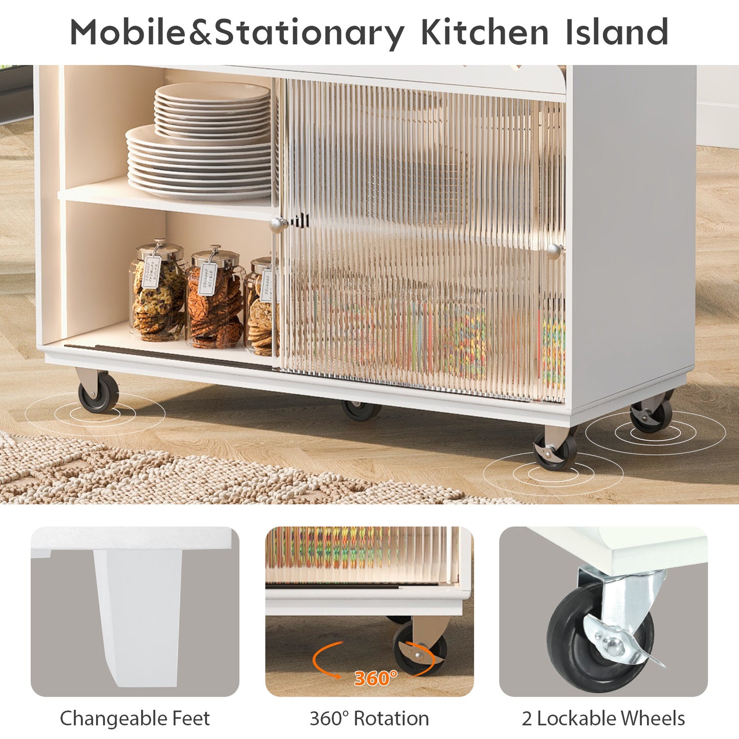 Melysen Kitchen Island with Drop Leaf, LED Light Kitchen Cart on Wheels with Power Outlets, 2 Sliding Fluted Glass Doors, Large Kitchen Island Cart with 2 Cabinet and 1 open Shelf (White)