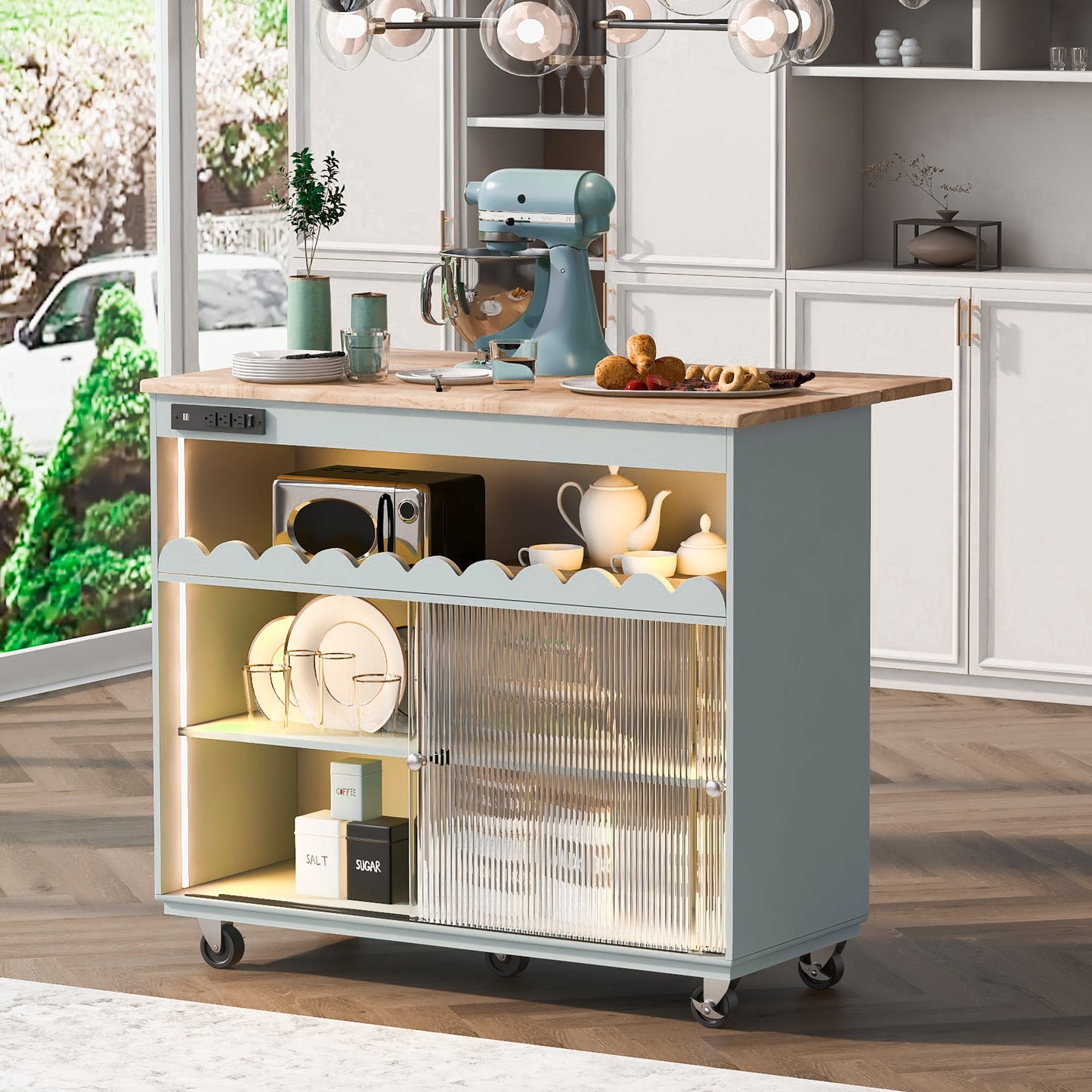 Melysen Kitchen Island with Drop Leaf, LED Light Kitchen Cart on Wheels with Power Outlets, 2 Sliding Fluted Glass Doors, Large Kitchen Island Cart with 2 Cabinet and 1 open Shelf (Grey Blue)