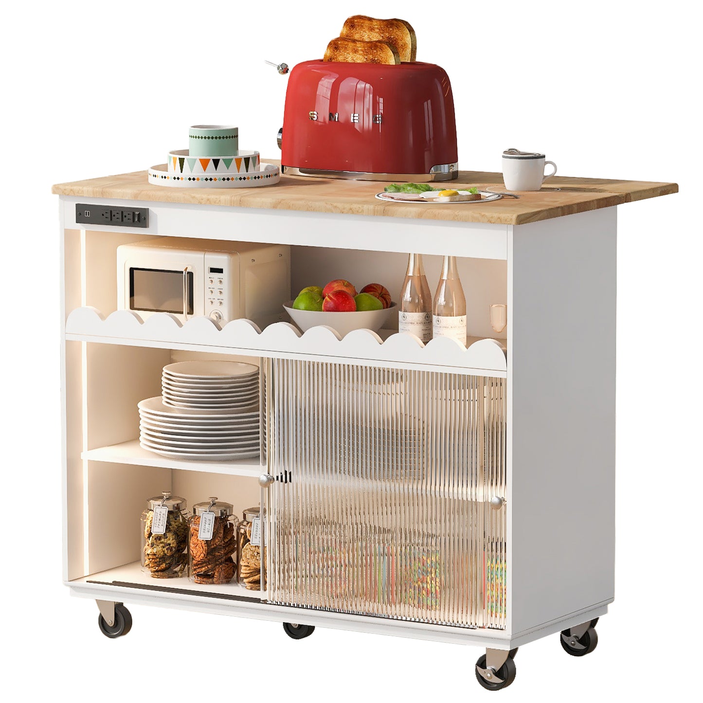 Melysen Kitchen Island with Drop Leaf, LED Light Kitchen Cart on Wheels with Power Outlets, 2 Sliding Fluted Glass Doors, Large Kitchen Island Cart with 2 Cabinet and 1 open Shelf (White)