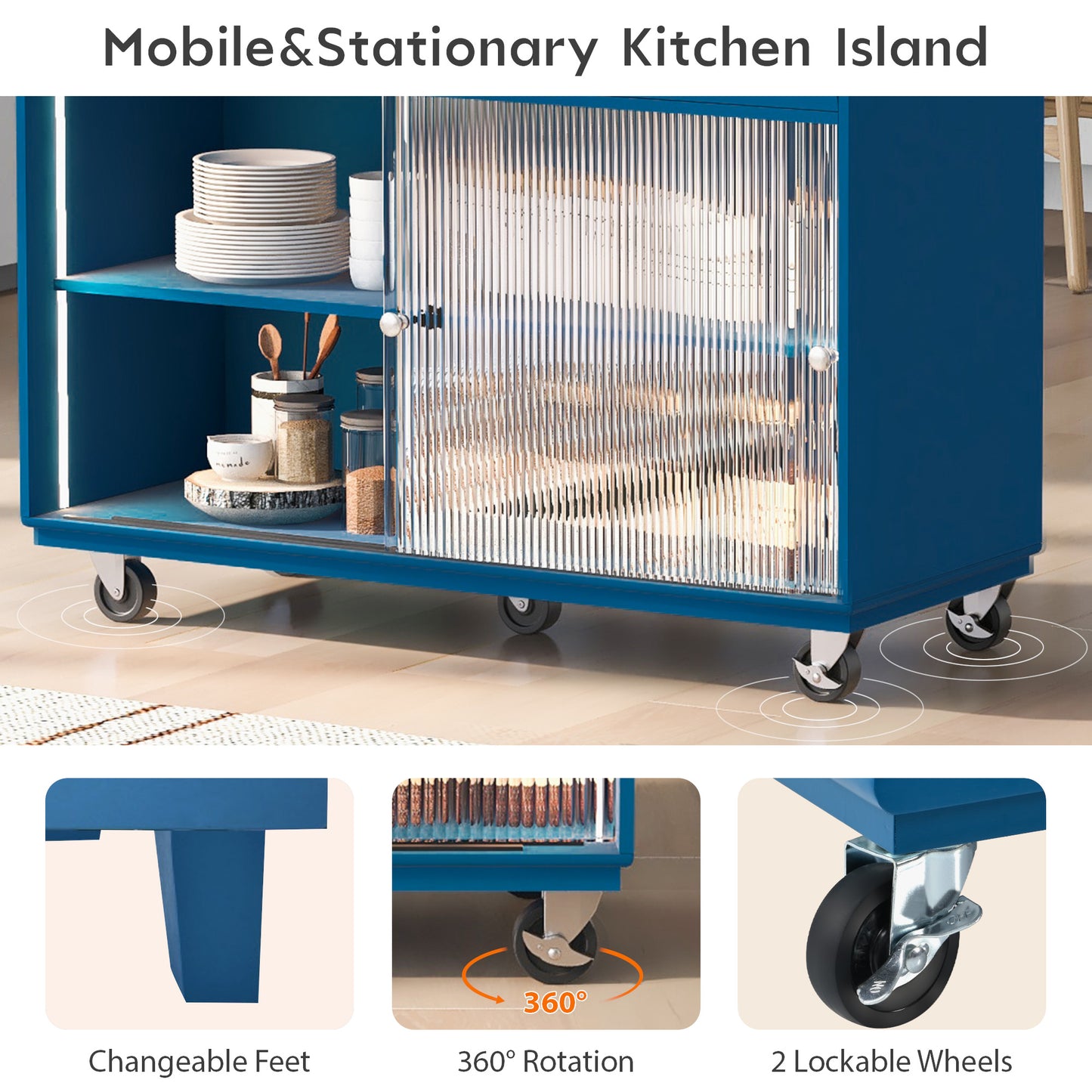 Melysen Kitchen Island with Drop Leaf, LED Light Kitchen Cart on Wheels with Power Outlets, 2 Sliding Fluted Glass Doors, Large Kitchen Island Cart with 2 Cabinet and 1 open Shelf (Navy Blue)