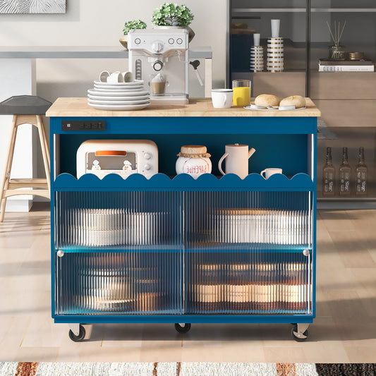 Melysen Kitchen Island with Drop Leaf, LED Light Kitchen Cart on Wheels with Power Outlets, 2 Sliding Fluted Glass Doors, Large Kitchen Island Cart with 2 Cabinet and 1 open Shelf (Navy Blue)