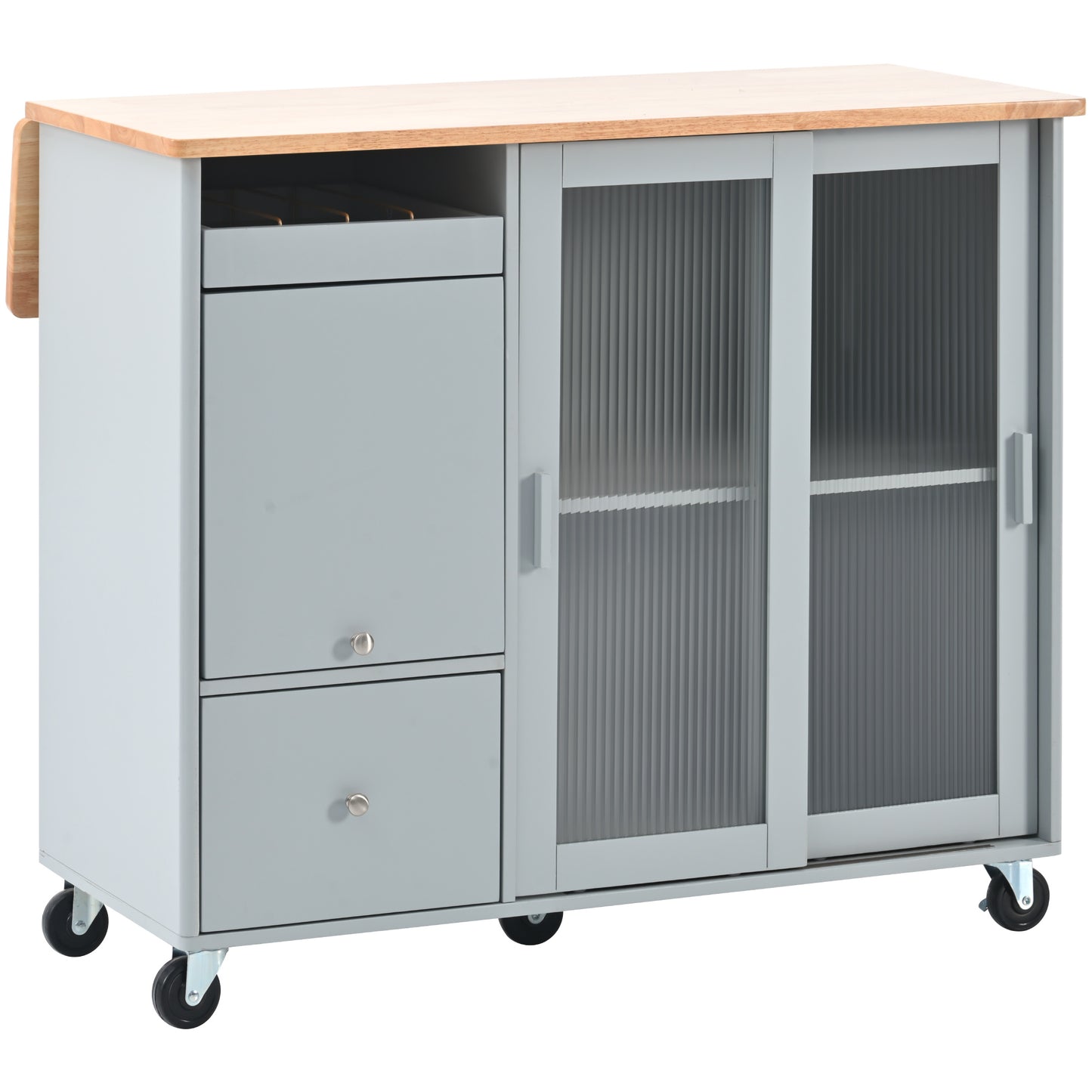 Melysen Kitchen Island with Drop Leaf, LED Light Kitchen Cart on Wheels with 2 Fluted Glass Doors and 1 Flip Cabinet Door, Large Kitchen Island Cart with an Adjustable Shelf and 2 Drawers (Grey Blue)