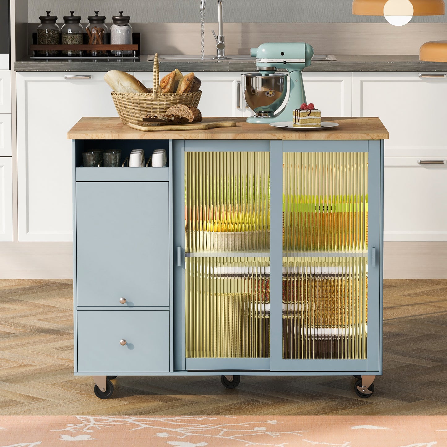 Melysen Kitchen Island with Drop Leaf, LED Light Kitchen Cart on Wheels with 2 Fluted Glass Doors and 1 Flip Cabinet Door, Large Kitchen Island Cart with an Adjustable Shelf and 2 Drawers (Grey Blue)