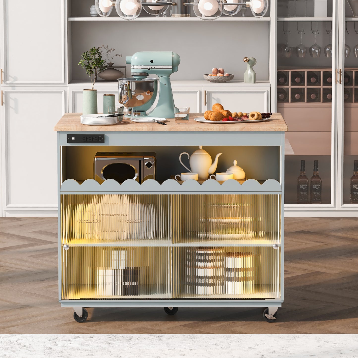 Melysen Kitchen Island with Drop Leaf, LED Light Kitchen Cart on Wheels with Power Outlets, 2 Sliding Fluted Glass Doors, Large Kitchen Island Cart with 2 Cabinet and 1 open Shelf (Grey Blue)