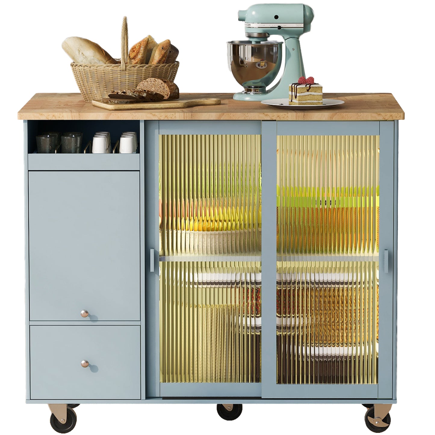 Melysen Kitchen Island with Drop Leaf, LED Light Kitchen Cart on Wheels with 2 Fluted Glass Doors and 1 Flip Cabinet Door, Large Kitchen Island Cart with an Adjustable Shelf and 2 Drawers (Grey Blue)