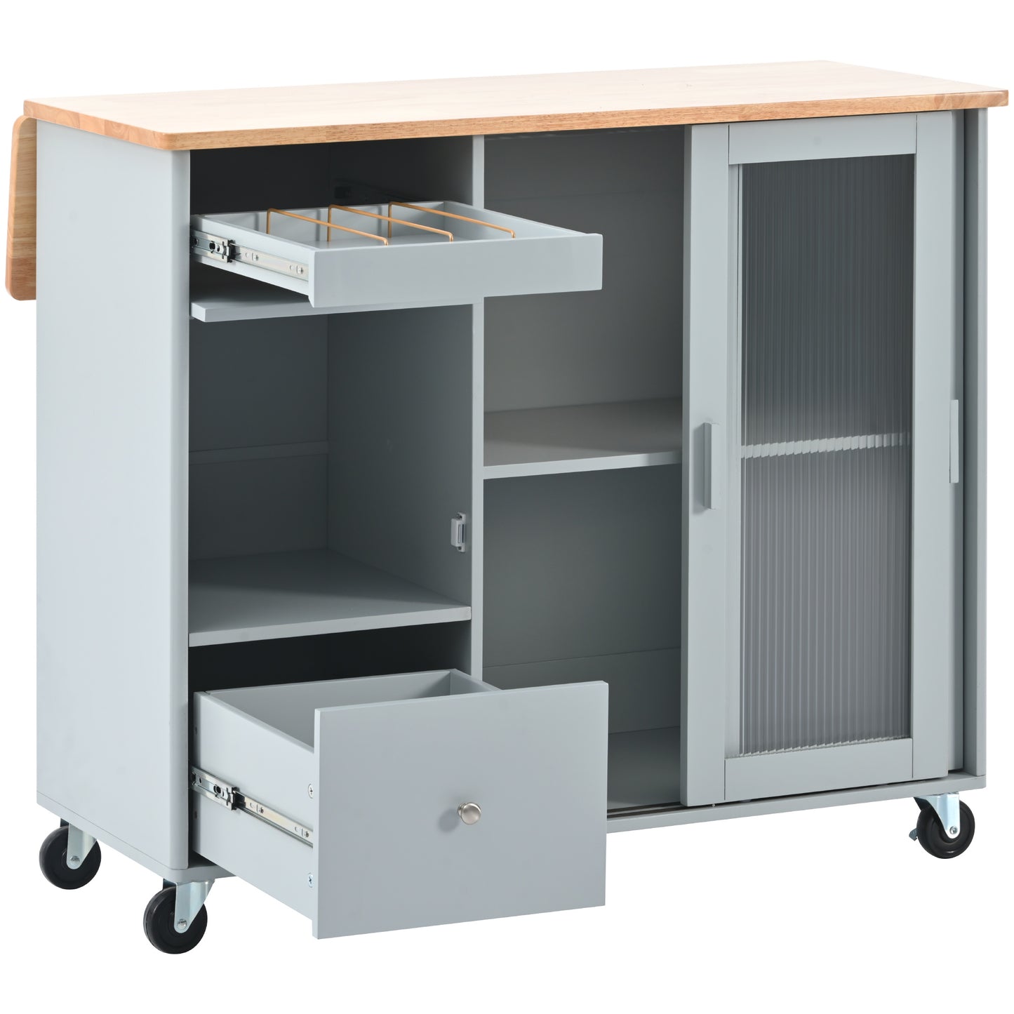 Melysen Kitchen Island with Drop Leaf, LED Light Kitchen Cart on Wheels with 2 Fluted Glass Doors and 1 Flip Cabinet Door, Large Kitchen Island Cart with an Adjustable Shelf and 2 Drawers (Grey Blue)