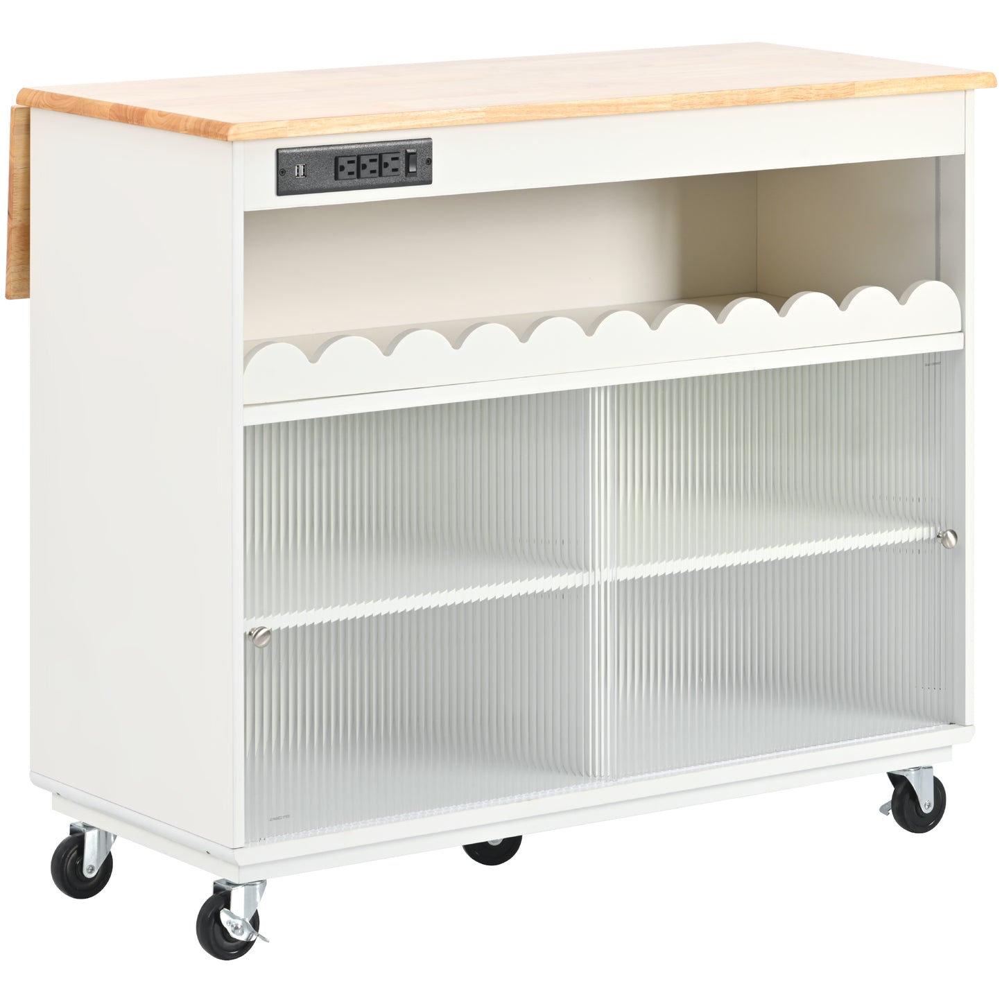 Melysen Kitchen Island with Drop Leaf, LED Light Kitchen Cart on Wheels with Power Outlets, 2 Sliding Fluted Glass Doors, Large Kitchen Island Cart with 2 Cabinet and 1 open Shelf (White)