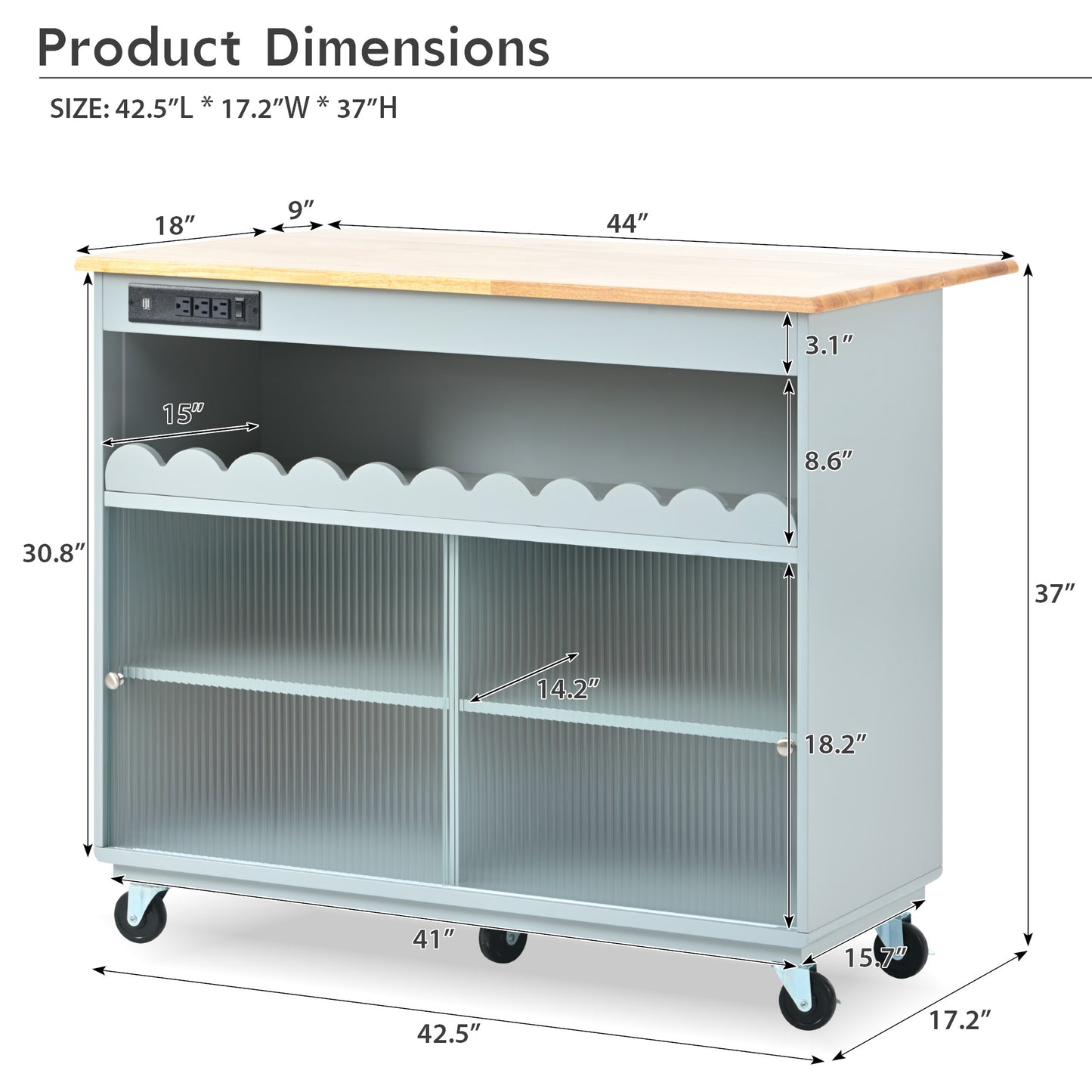 Melysen Kitchen Island with Drop Leaf, LED Light Kitchen Cart on Wheels with Power Outlets, 2 Sliding Fluted Glass Doors, Large Kitchen Island Cart with 2 Cabinet and 1 open Shelf (Grey Blue)