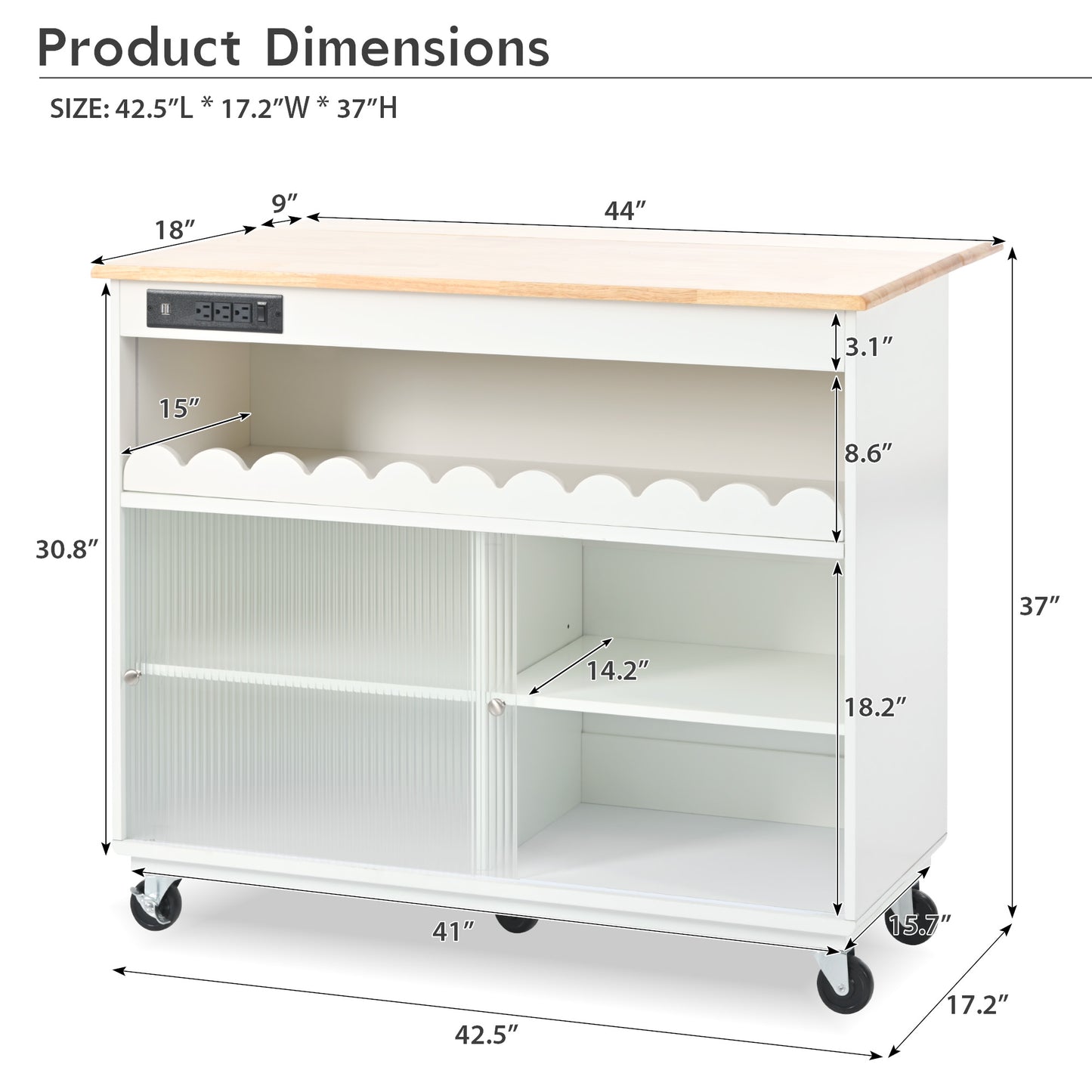 Melysen Kitchen Island with Drop Leaf, LED Light Kitchen Cart on Wheels with Power Outlets, 2 Sliding Fluted Glass Doors, Large Kitchen Island Cart with 2 Cabinet and 1 open Shelf (White)