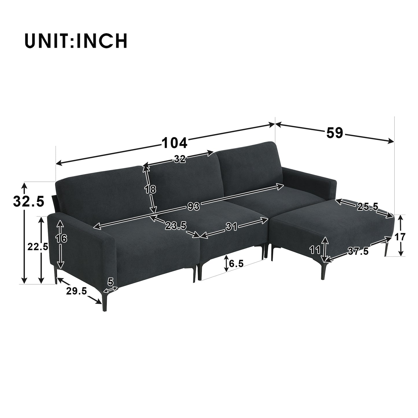 Melysen 103.5*59" Modern L-shaped Sectional Sofa, 4-seat Velvet Fabric Couch Set with Convertible Ottoman,Freely Combinable Sofa for Living Room, Apartment, Office,Apartment,2 Colors