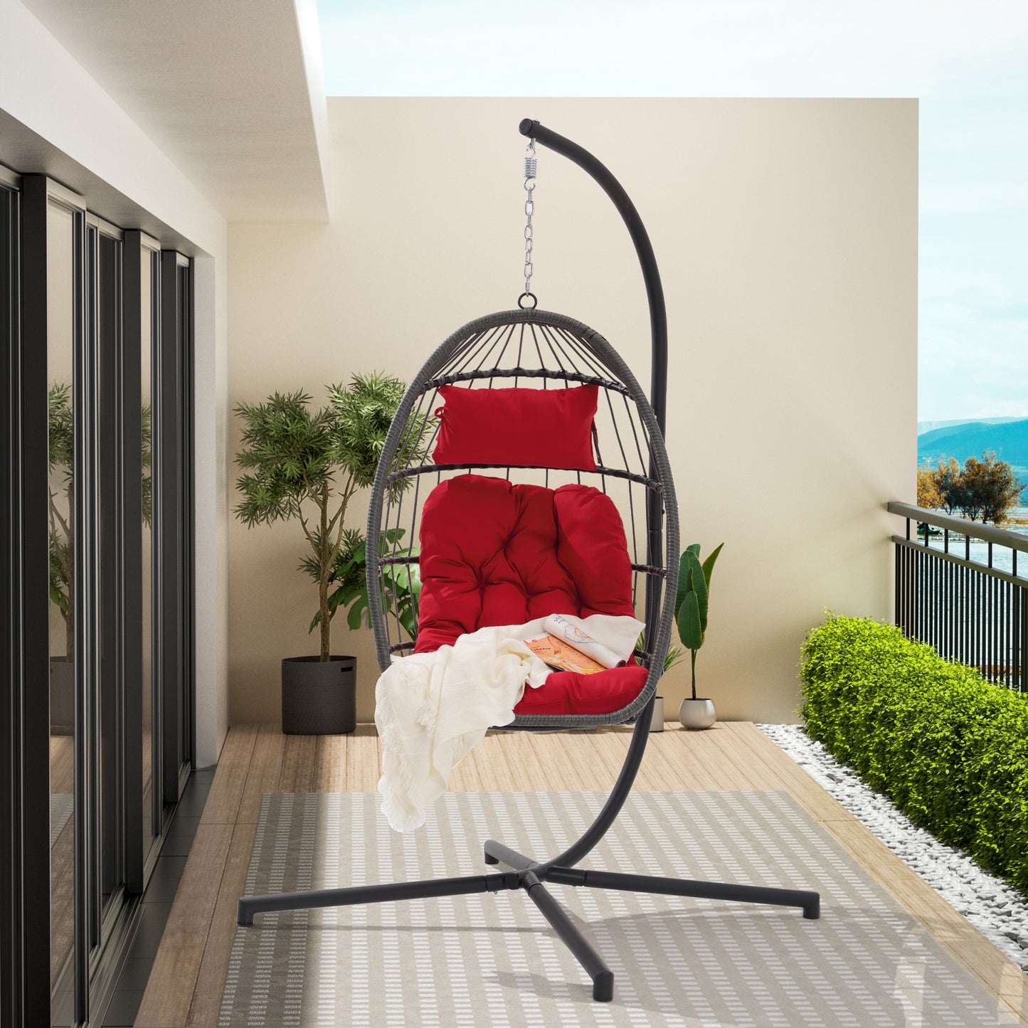 Melysen Outdoor Garden Rattan Egg Swing Chair Hanging Chair PE Chair Red Cushion