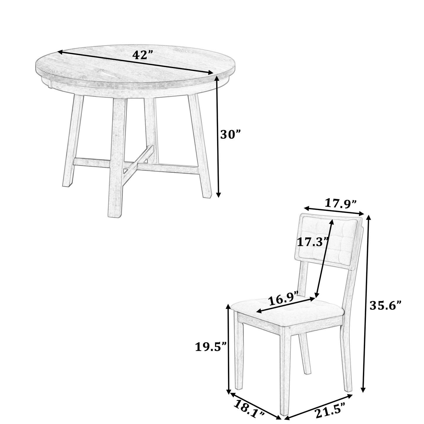 Melysen Rustic 42inch Round Dining Table Set with Cross Legs and Upholstered Dining Chairs for Small Places