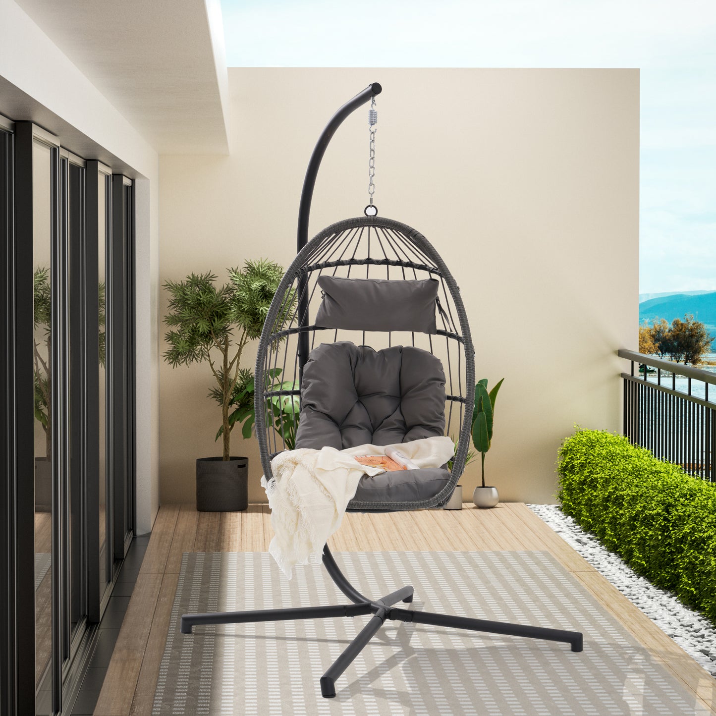 Melysen Outdoor Garden Rattan Egg Swing Chair Hanging Chair  Light Gray Cushion