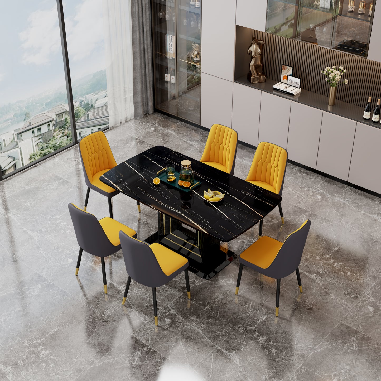 Melysen Table and Chair Set, 1 Table+6 Pu Chairs. Black Imitation Marble Pattern Desktop. Black Mdf Table Legs. Chair with Orange Dark Gray Dual Tone Pu Leather Backrest and Black Metal Legs